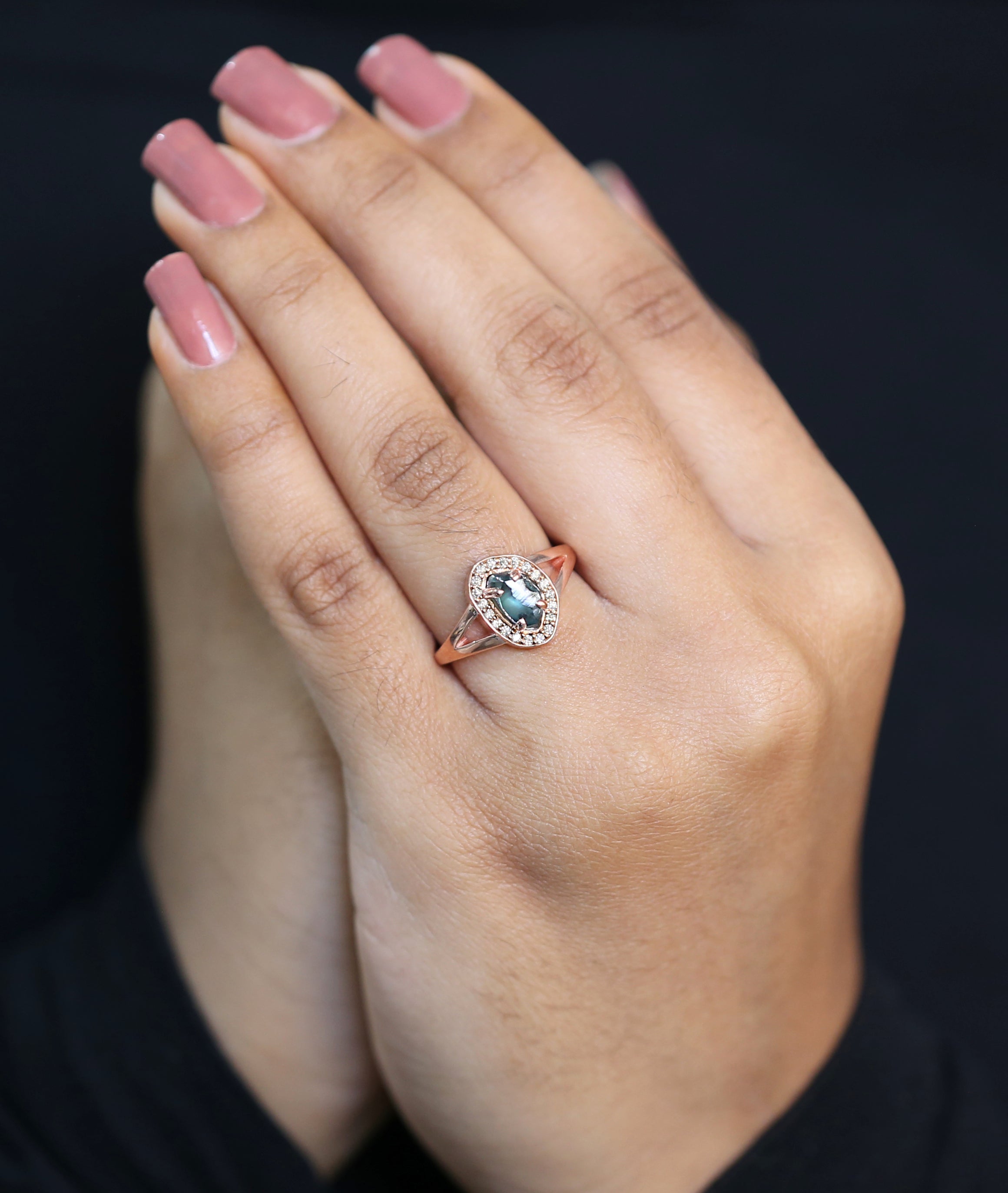 Rough Blue Color Diamond Ring 1.40 Ct 8.04 MM Crystal Rough Diamond Ring 14K Solid Rose Gold Silver Engagement Ring Gift For Her QL2295