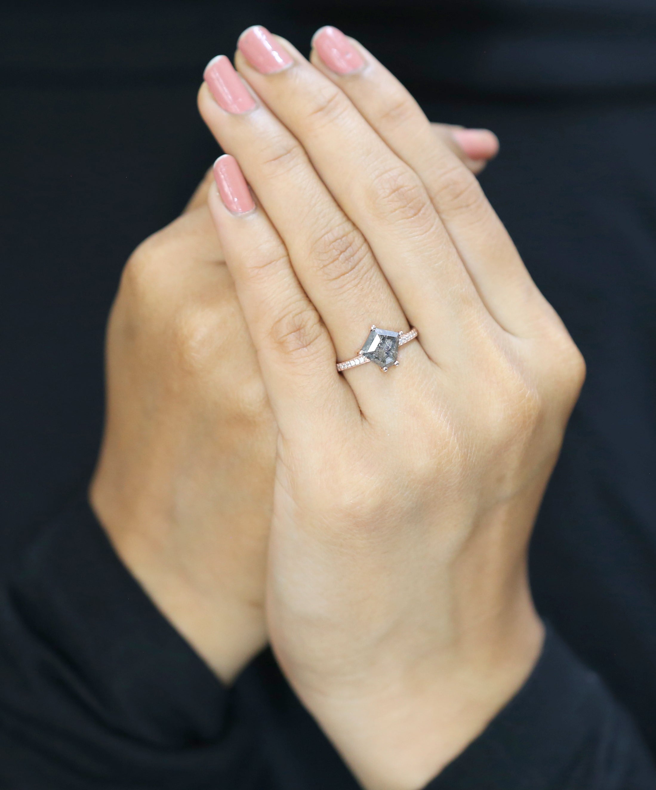 Pentagon Cut Salt And Pepper Diamond Ring 2.03 Ct 8.70 MM Pentagon Diamond Ring 14K Rose Gold Silver Engagement Ring Gift For Her QL9999