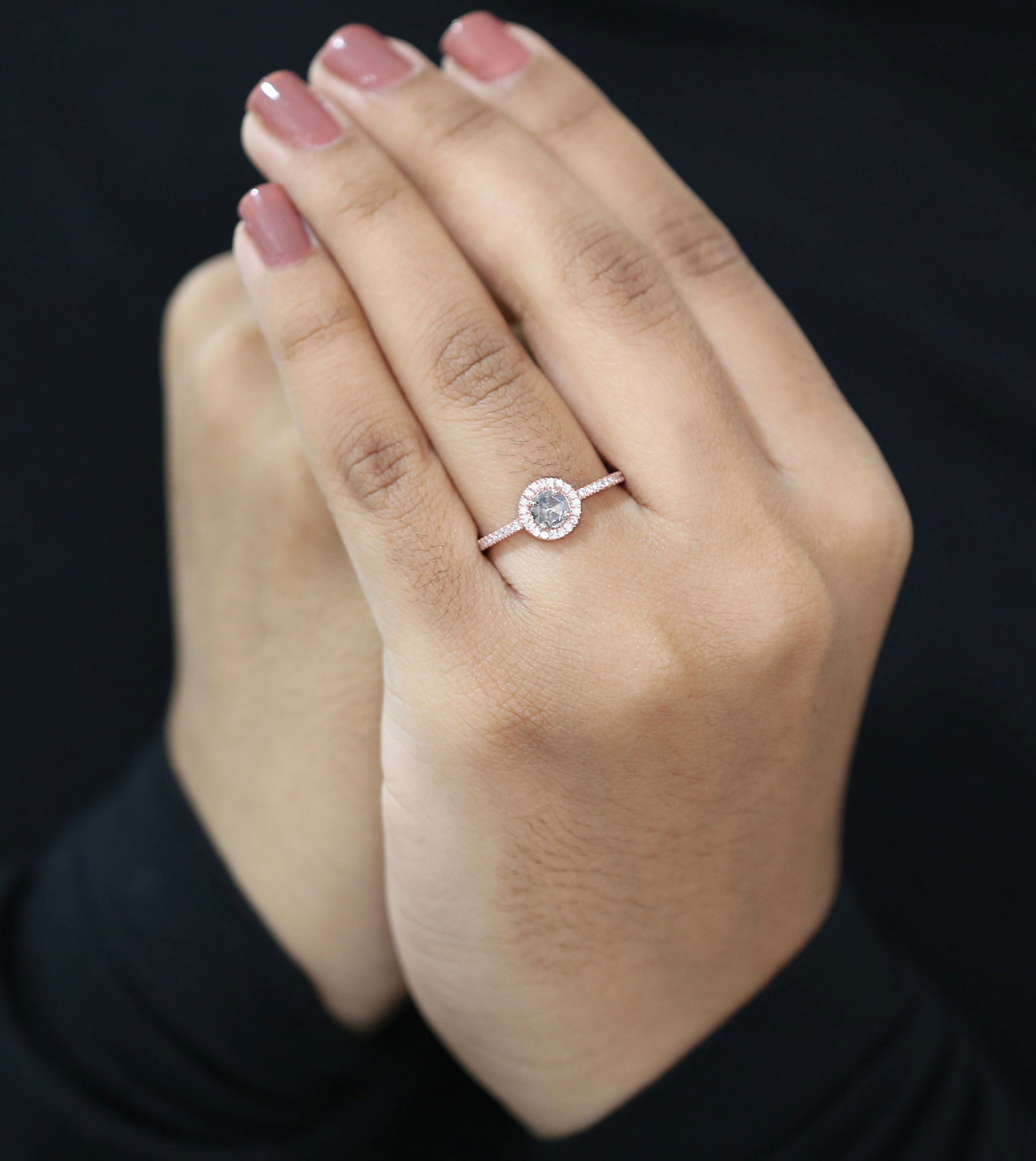 Round Rose Cut Salt And Pepper Diamond Ring 0.35 Ct 4.65 MM Round Diamond Ring 14K Rose Gold Silver Engagement Ring Gift For Her QL3141