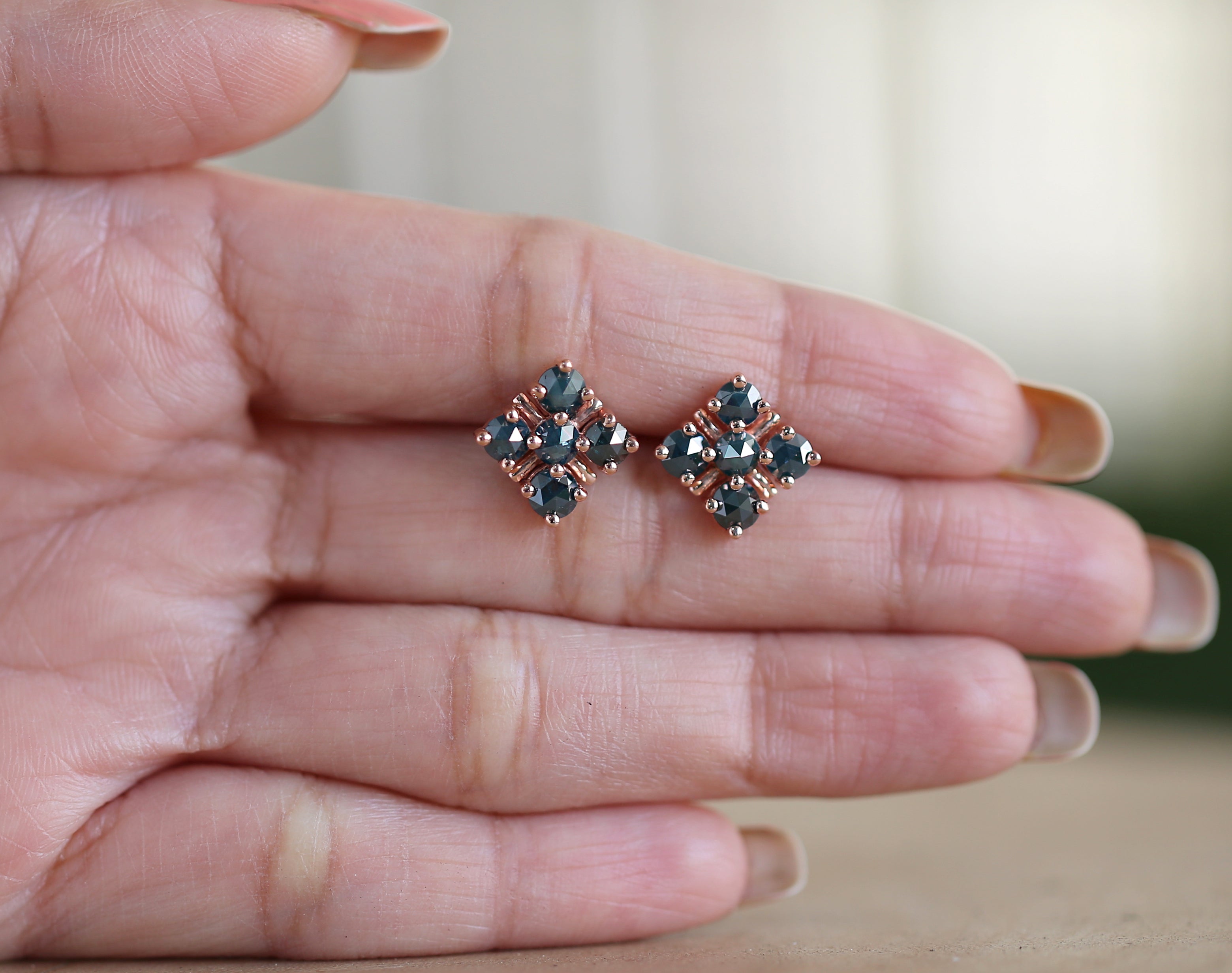 Round Rose Cut Blue Color Diamond Earring 2.03 Ct 3.90 MM Round Diamond Earring 14K Rose Gold Silver Engagement Earring Gift For Her QL2414