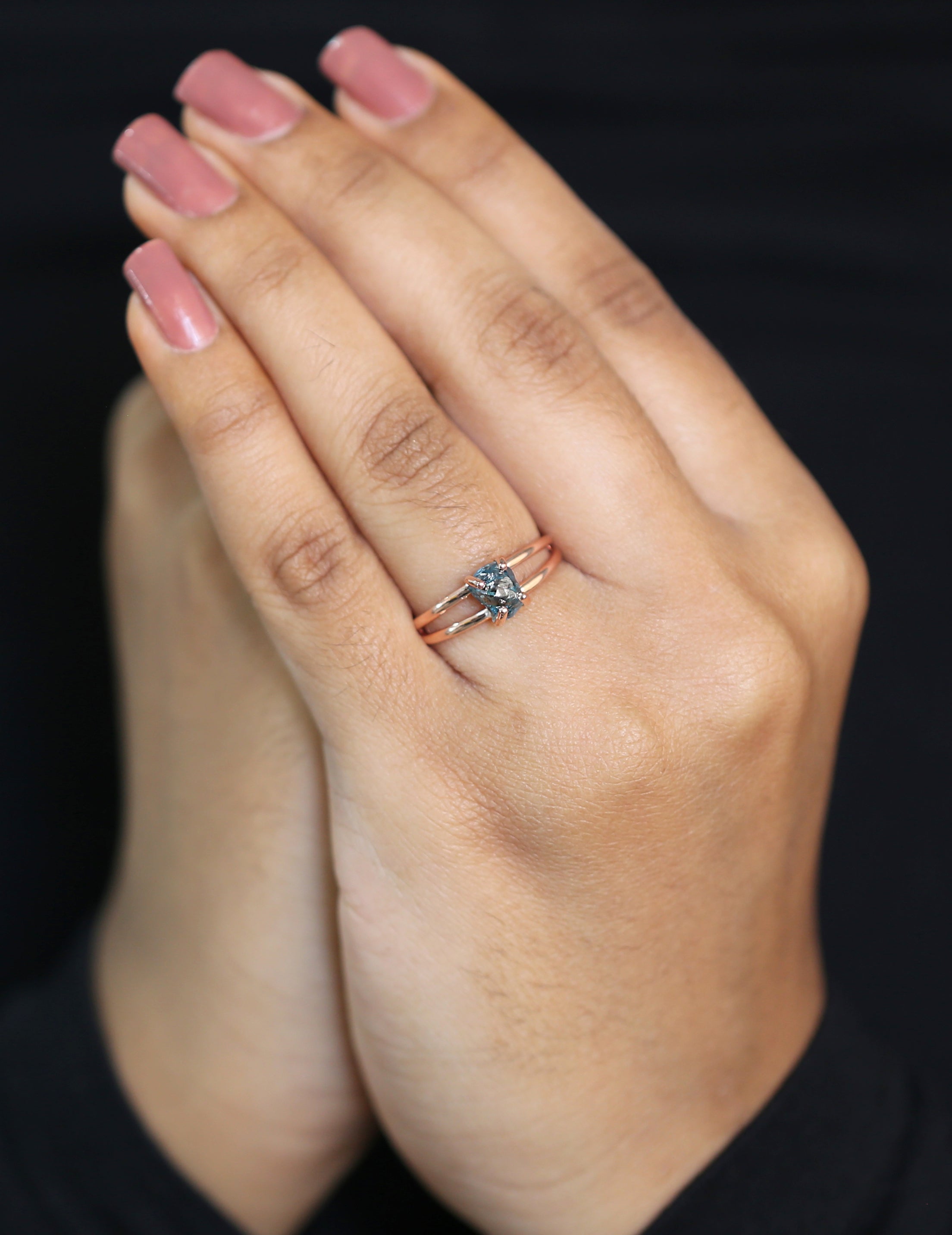 Rough Blue Color Diamond Ring 1.40 Ct 6.60 MM Crystal Rough Diamond Ring 14K Solid Rose Gold Silver Engagement Ring Gift For Her QL2329