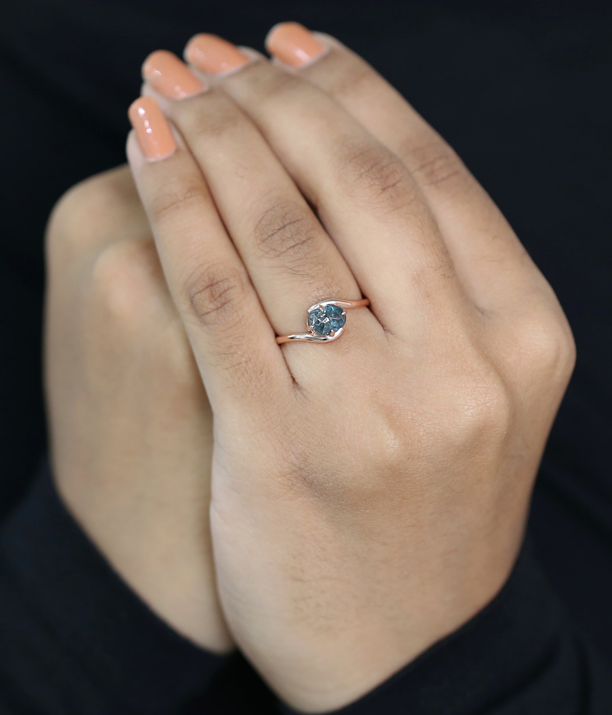 Rough Blue Color Diamond Ring 1.49 Ct 7.07 MM Crystal Rough Diamond Ring 14K Solid Rose Gold Silver Engagement Ring Gift For Her QLB2274