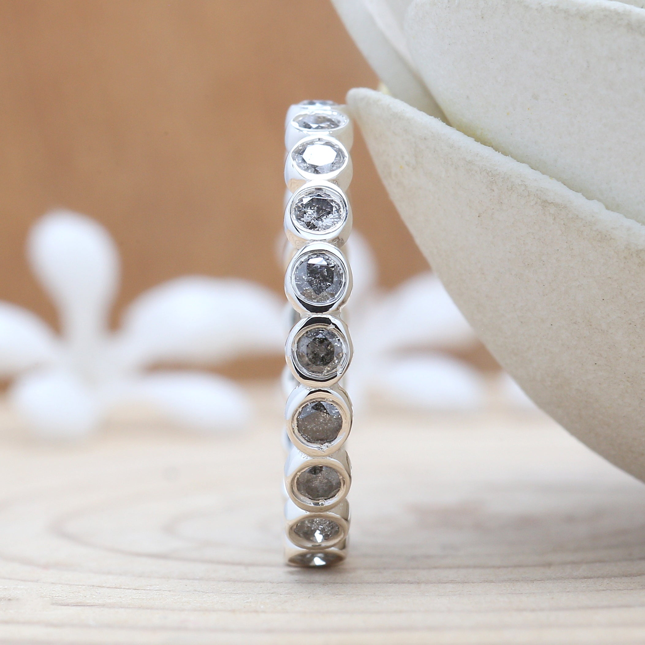 0.70 CT, Salt And Pepper Band, Round Brilliant Cut Diamond Band, Engagement Band, 14K White Gold Band, Wedding Band, Gift For Her KD931