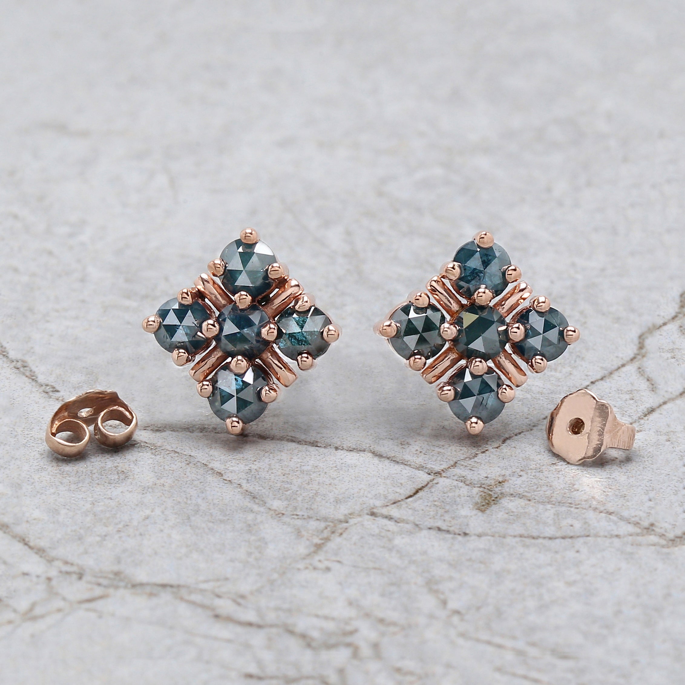 Round Rose Cut Blue Color Diamond Earring 2.03 Ct 3.90 MM Round Diamond Earring 14K Rose Gold Silver Engagement Earring Gift For Her QL2414