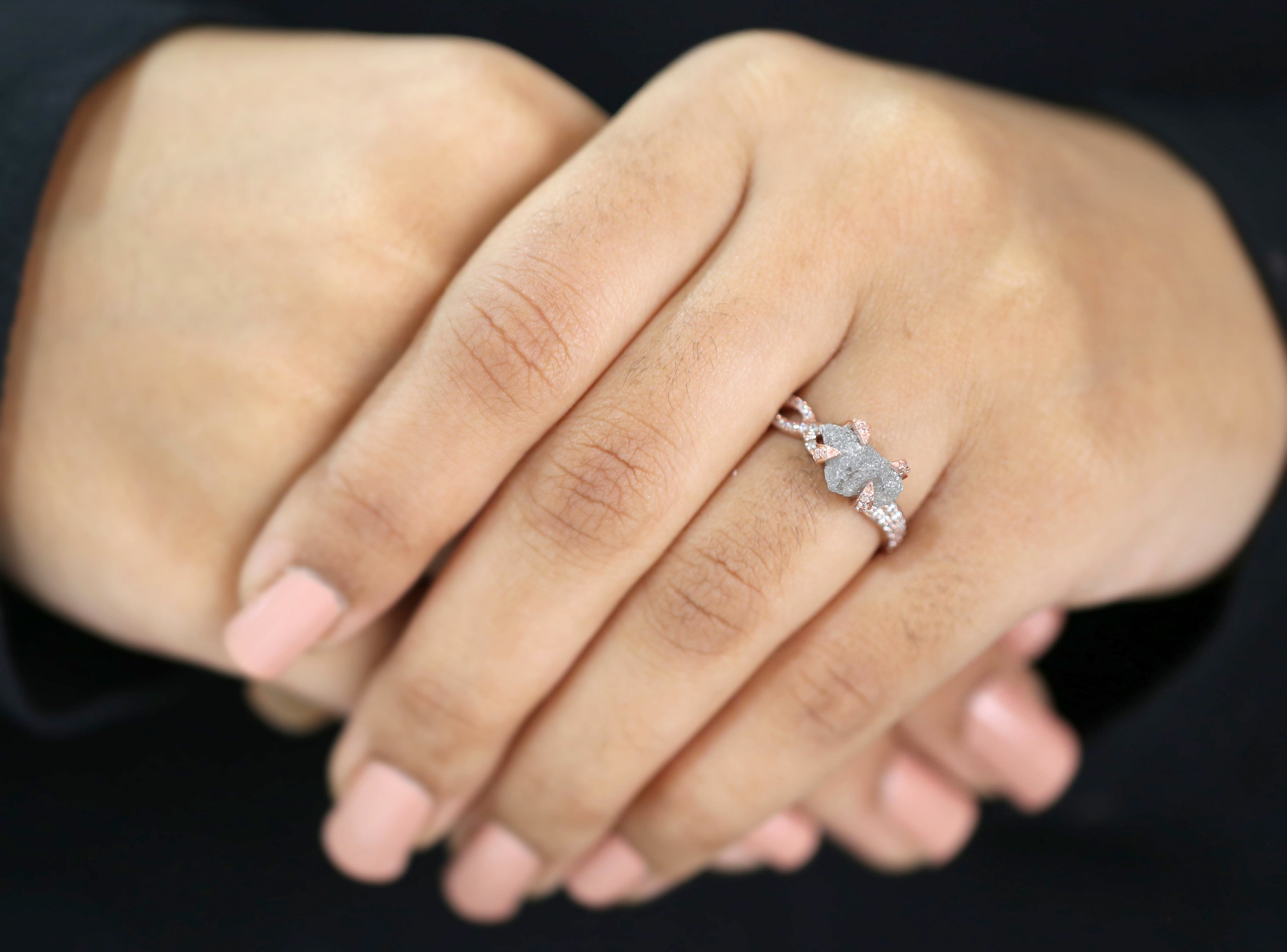 Rough Salt And Pepper Diamond Ring 2.17 Ct 10.25 MM Rough Shape Diamond Ring 14K Solid Rose Gold Silver Engagement Ring Gift For Her QK2479