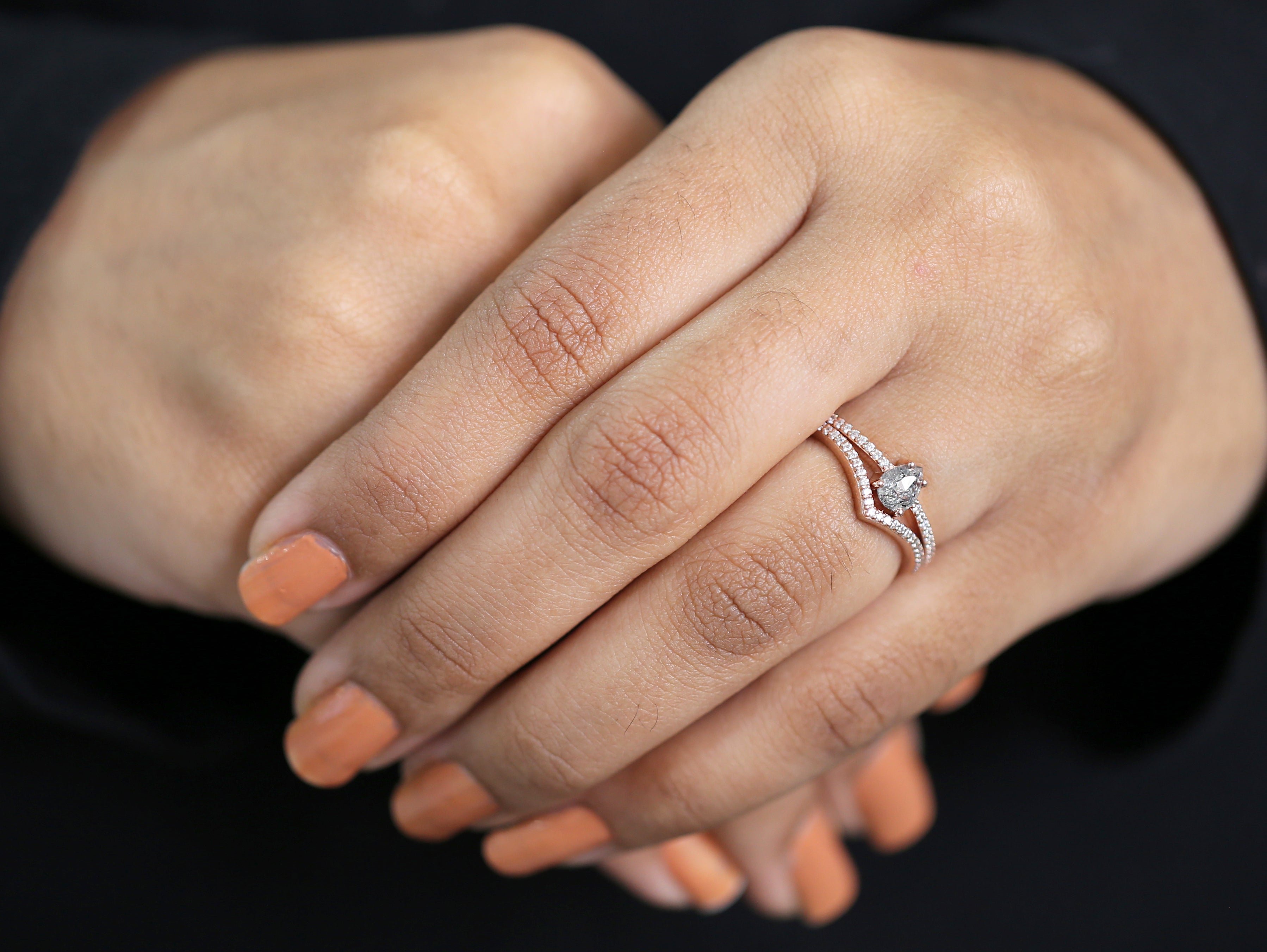 Pear Cut Salt And Pepper Diamond Ring 0.34 Ct 5.80 MM Pear Diamond Ring 14K Solid Rose Gold Silver Pear Engagement Ring Gift For Her QL3127