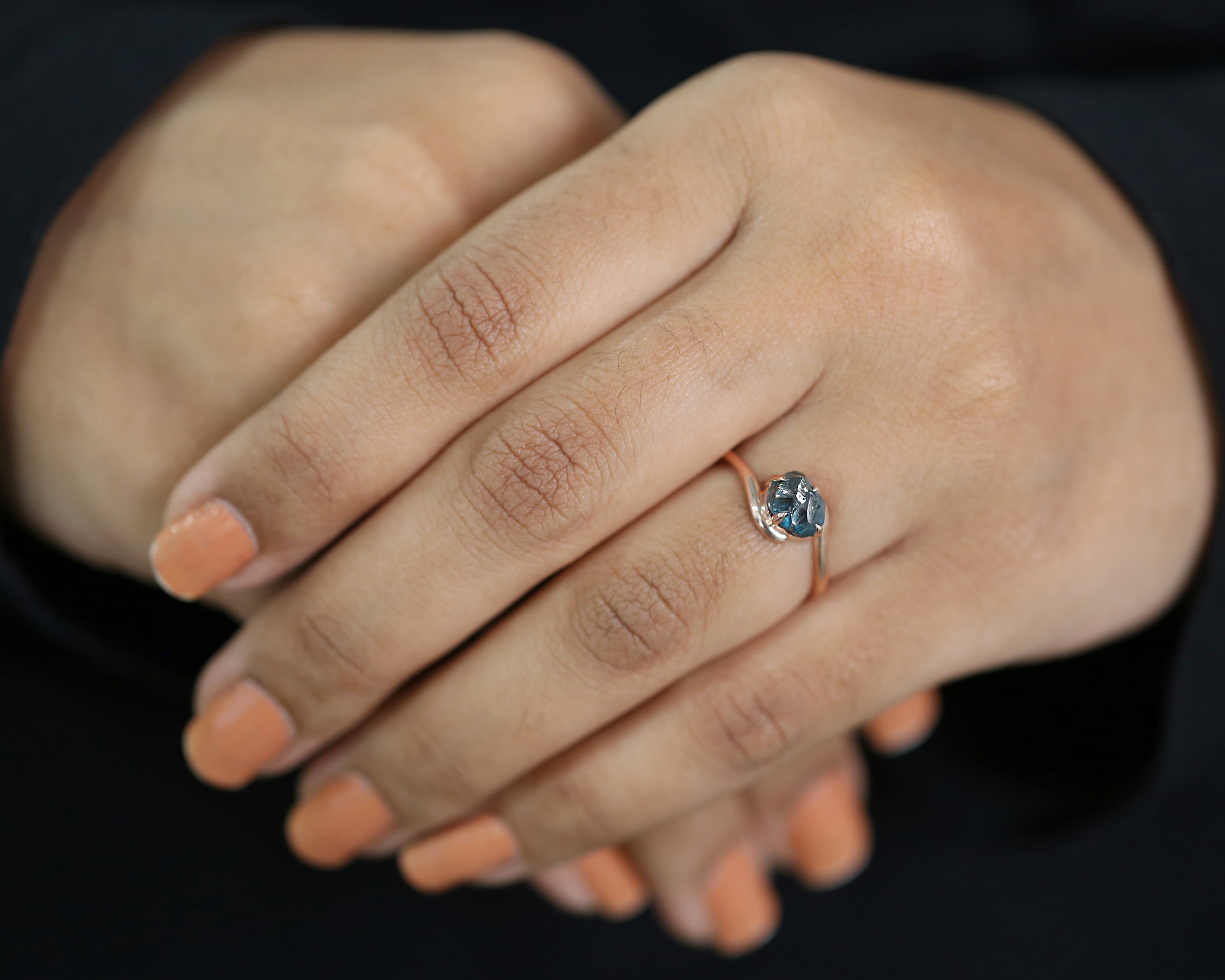 Rough Blue Color Diamond Ring 1.49 Ct 7.07 MM Crystal Rough Diamond Ring 14K Solid Rose Gold Silver Engagement Ring Gift For Her QLB2274