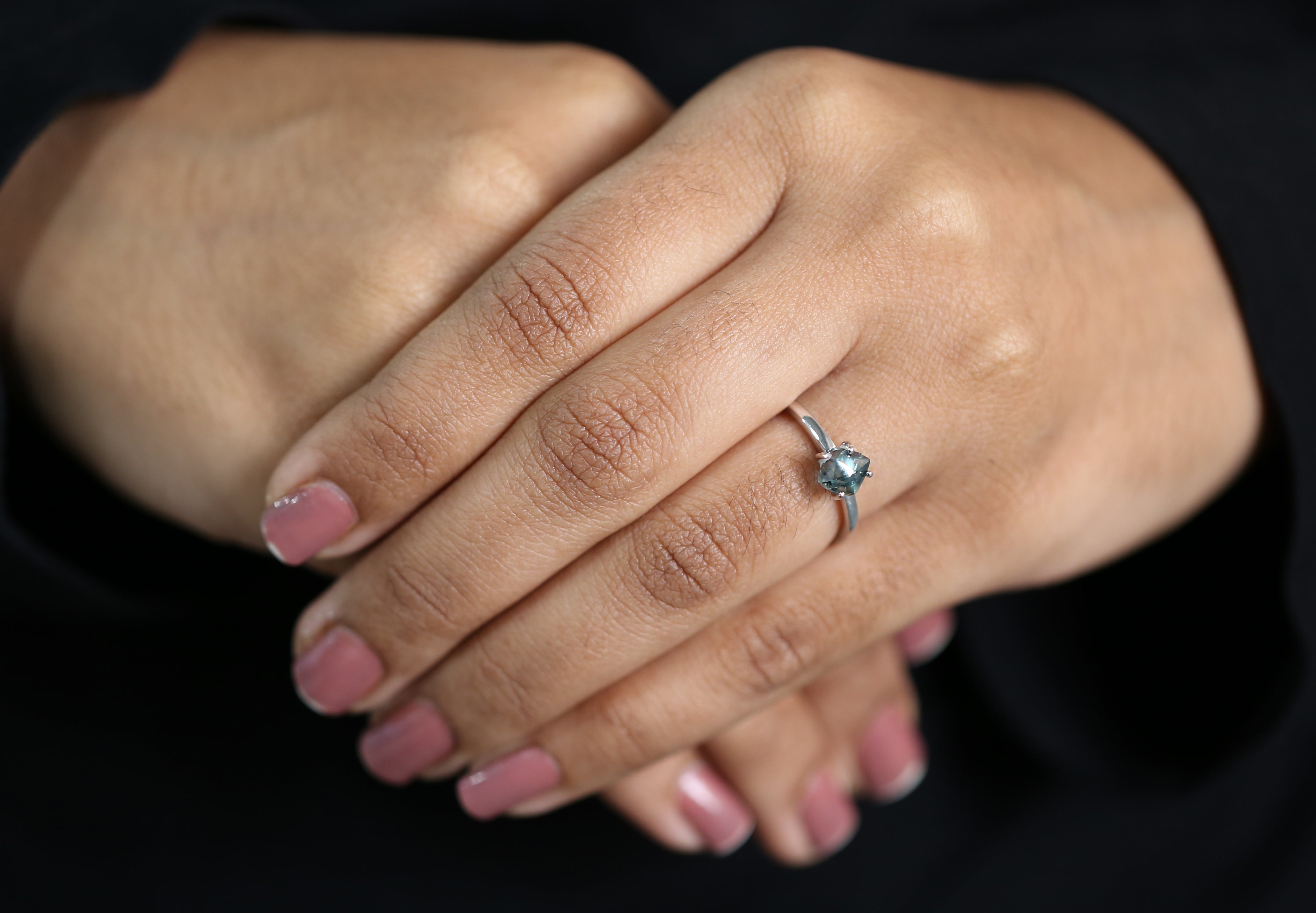 Rough Cut Blue Color Diamond Ring 1.35 Ct 6.40 MM Crystal Rough Diamond Ring 14K Solid White Gold Silver Engagement Ring Gift For Her QL2350
