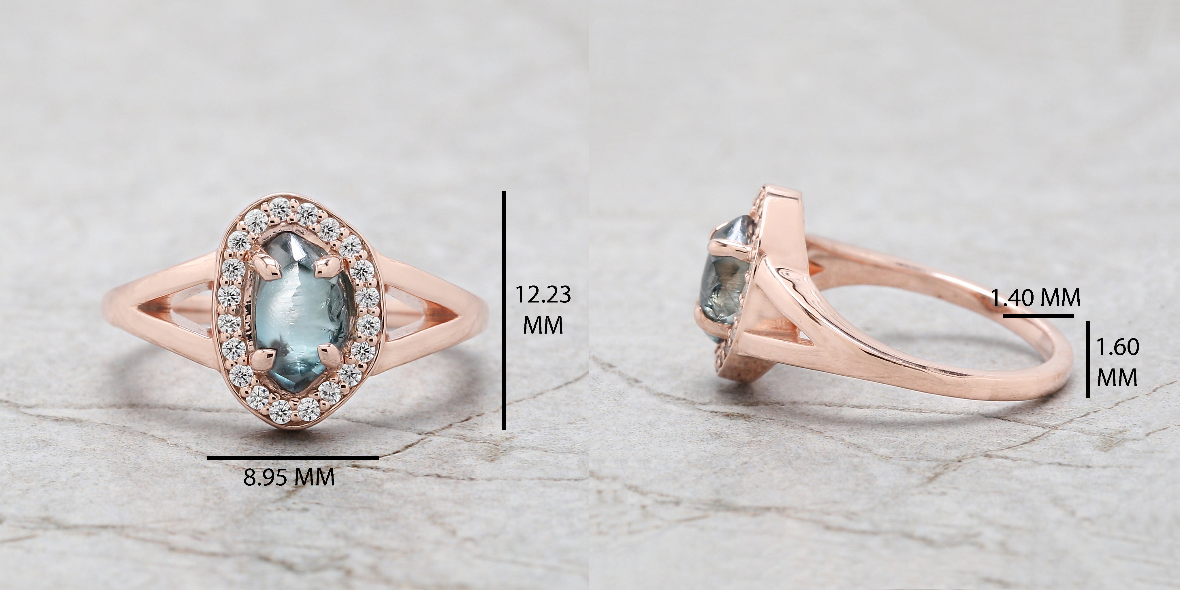 Rough Blue Color Diamond Ring 1.40 Ct 8.04 MM Crystal Rough Diamond Ring 14K Solid Rose Gold Silver Engagement Ring Gift For Her QL2295