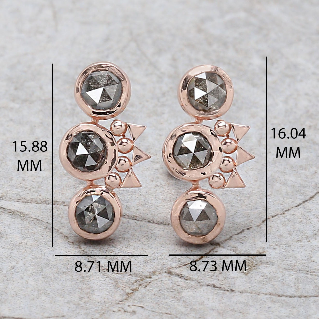 Round Rose Cut Salt and Pepper Diamond Earring Engagement Wedding Gift Earring 14K Solid Rose White Yellow Gold Earring 1.85 CT KDN2059