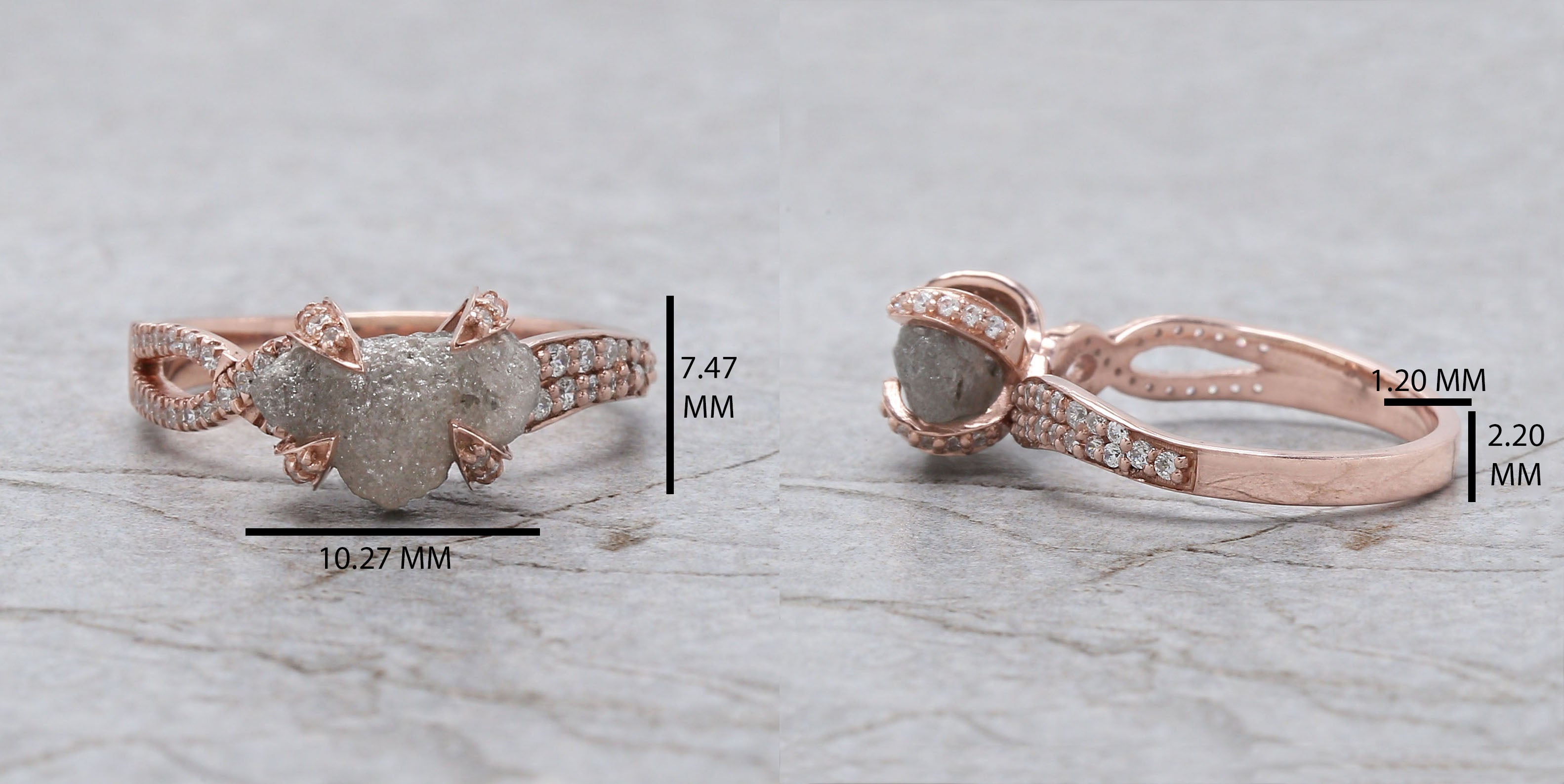 Rough Salt And Pepper Diamond Ring 2.17 Ct 10.25 MM Rough Shape Diamond Ring 14K Solid Rose Gold Silver Engagement Ring Gift For Her QK2479