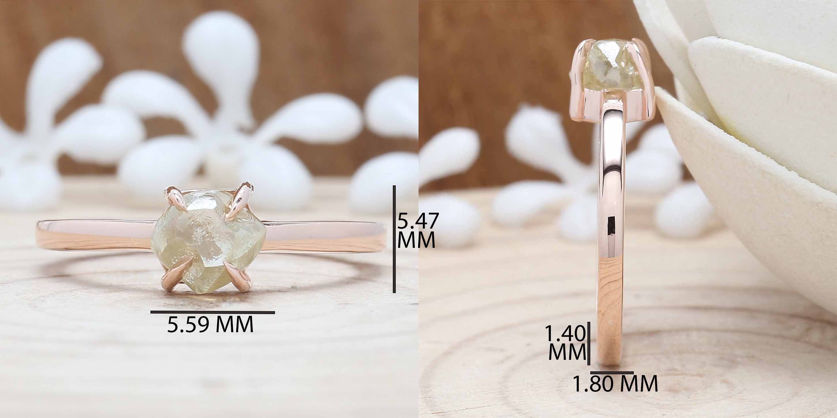 Rough Yellow Color Diamond Ring 1.29 Ct 5.45 MM Crystal Rough Diamond Ring 14K Solid Rose Gold Silver Engagement Ring Gift For Her QL3124