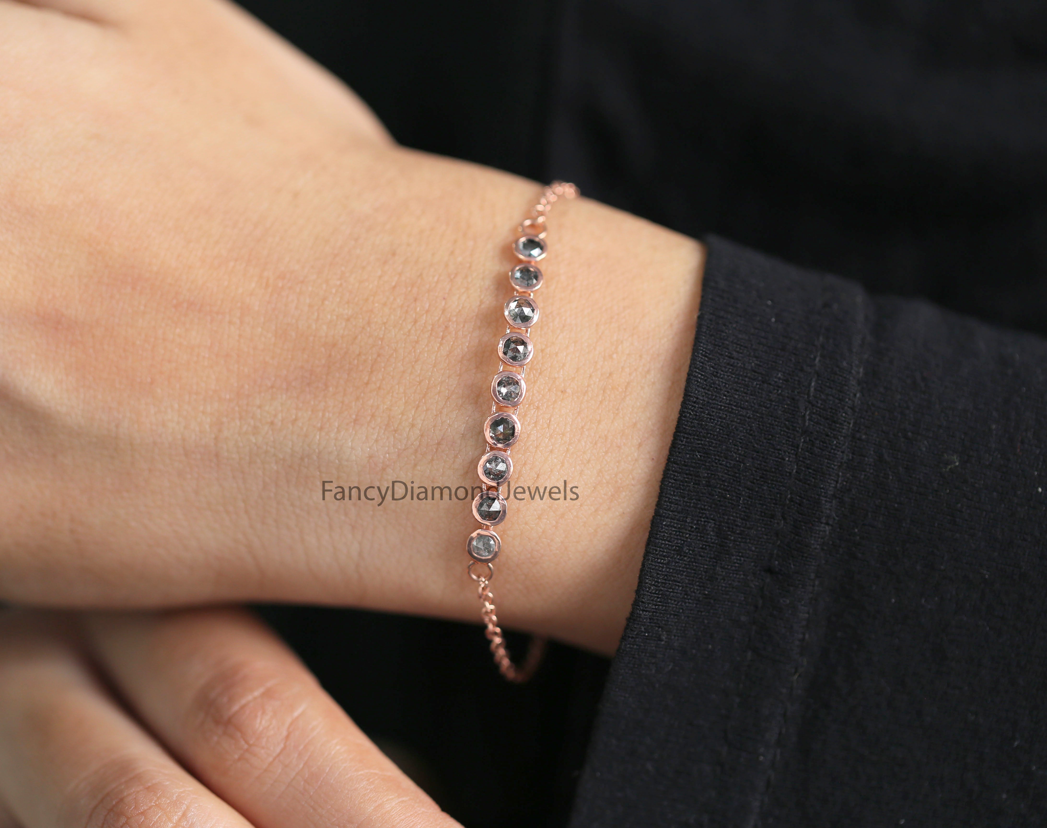 Round Rose Cut Salt And Pepper Diamond Bracelet Engagement Wedding Gift Bracelet 14K Solid Rose White Yellow Gold Bracelet 1.13 CT KD1095