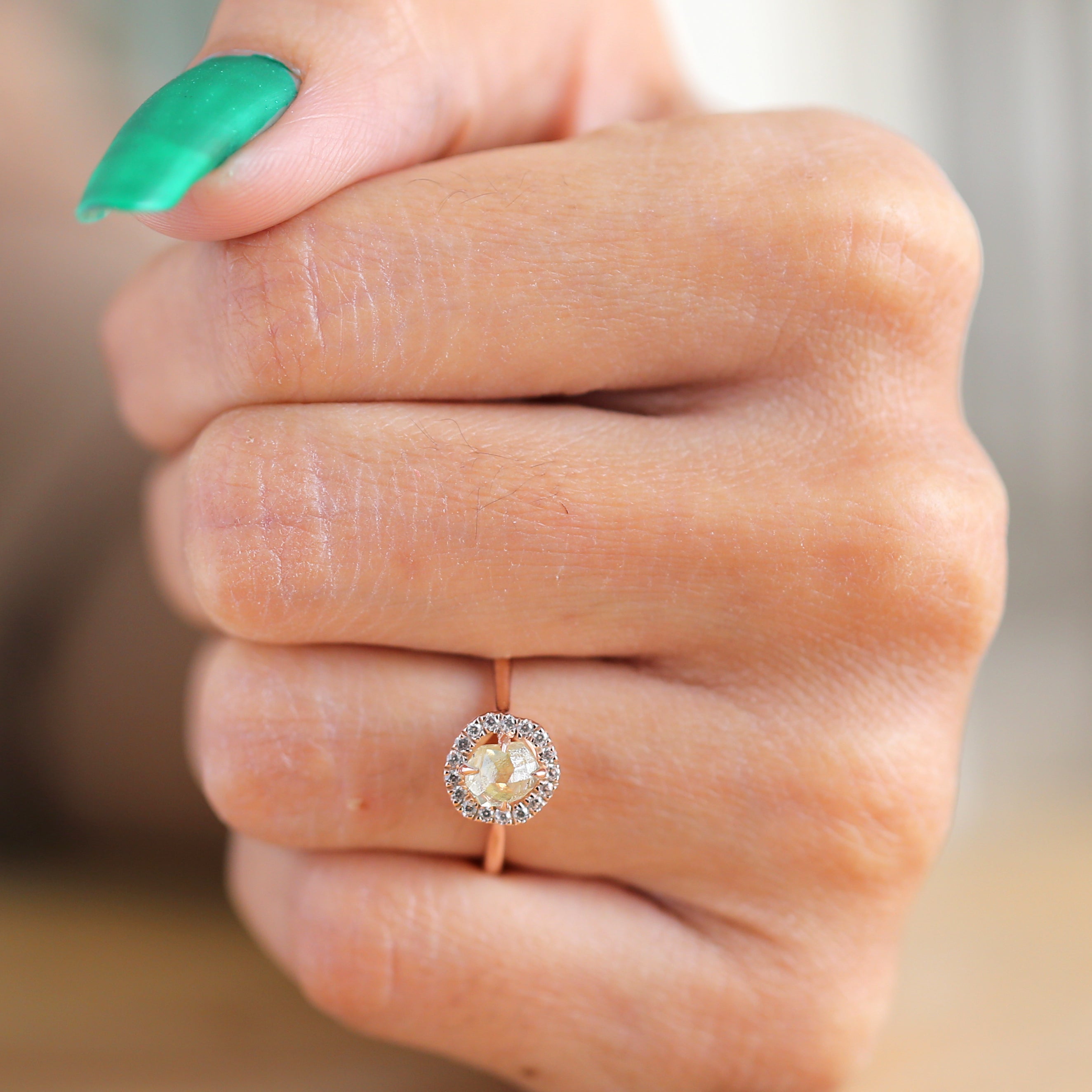 Rough Yellow Color Diamond Ring 0.98 Ct 5.40 MM Crystal Rough Diamond Ring 14K Solid Rose Gold Silver Engagement Ring Gift For Her QN2528