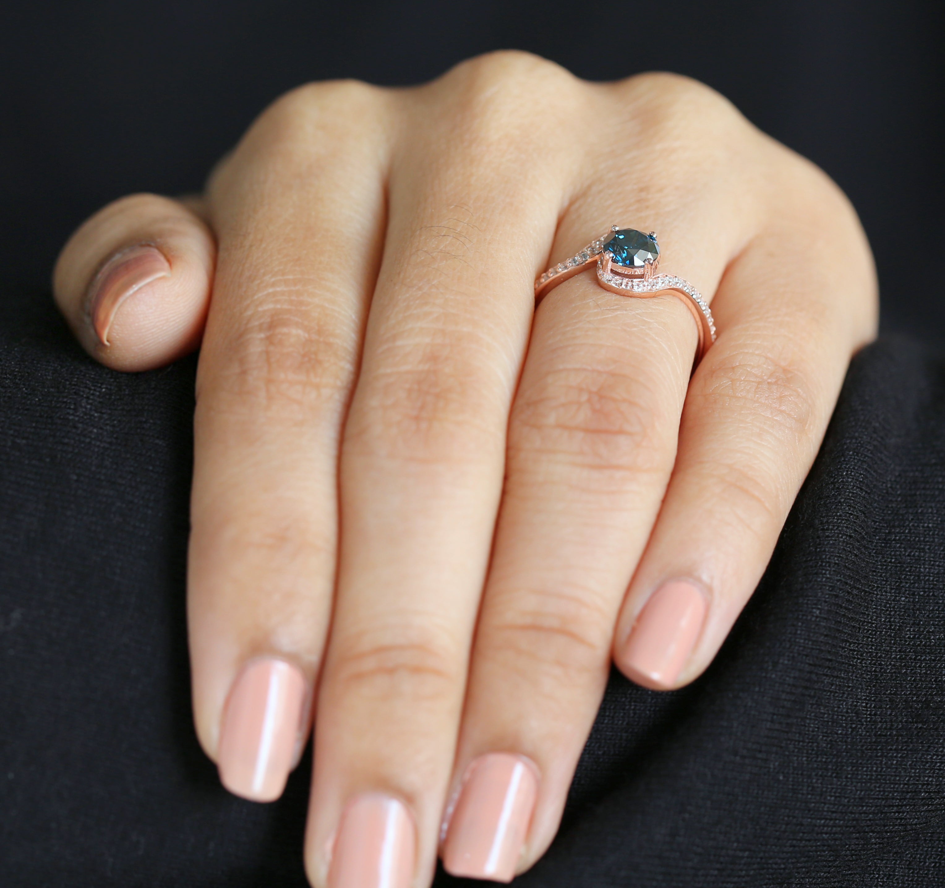 Round Cut Blue Color Diamond Ring 0.70 Ct 5.38 MM Round Shape Diamond Ring 14K Rose Gold Silver Round Engagement Ring Gift For Her QL2043