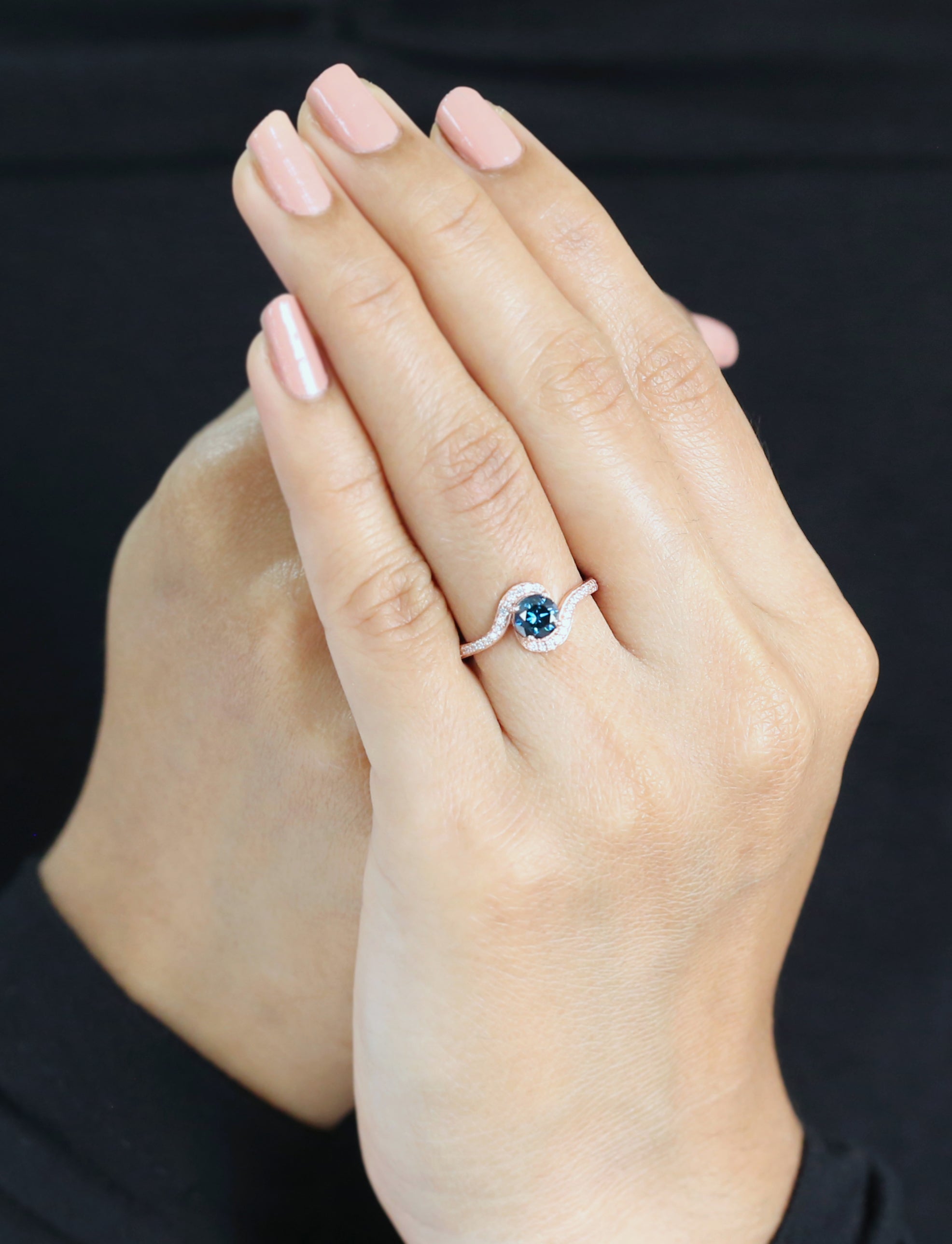 Round Cut Blue Color Diamond Ring 0.70 Ct 5.38 MM Round Shape Diamond Ring 14K Rose Gold Silver Round Engagement Ring Gift For Her QL2043
