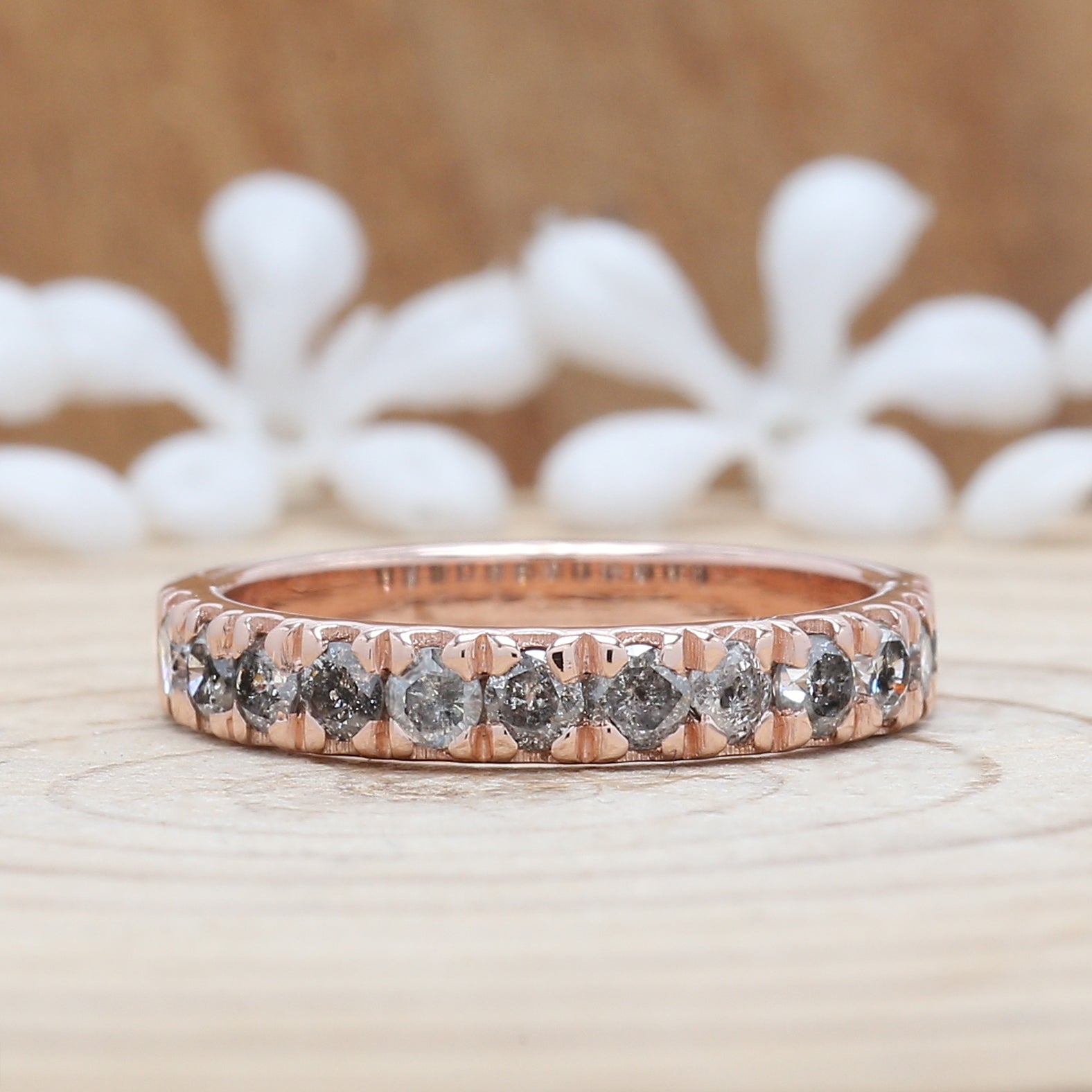 0.83 CT Salt And Pepper Band, Round Brilliant Cut Diamond Band, Engagement Band, 14K Rose Gold Band, Wedding Band, Gift For Her KD930