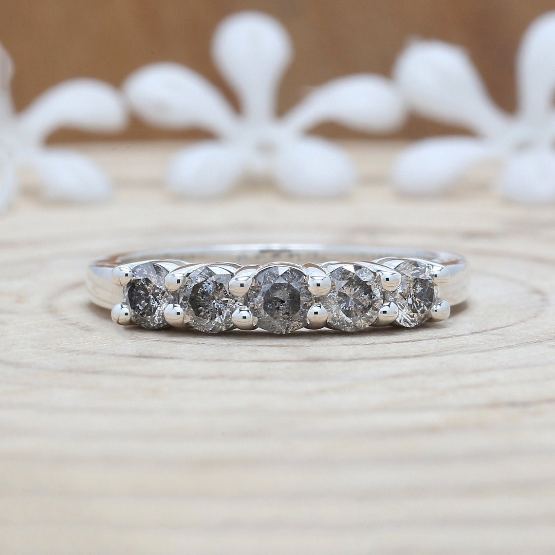 0.76 CT Salt And Pepper Band, Round Brilliant Cut Diamond Band, Engagement Band, 14K White Gold Band, Wedding Band, Gift For Her KD928