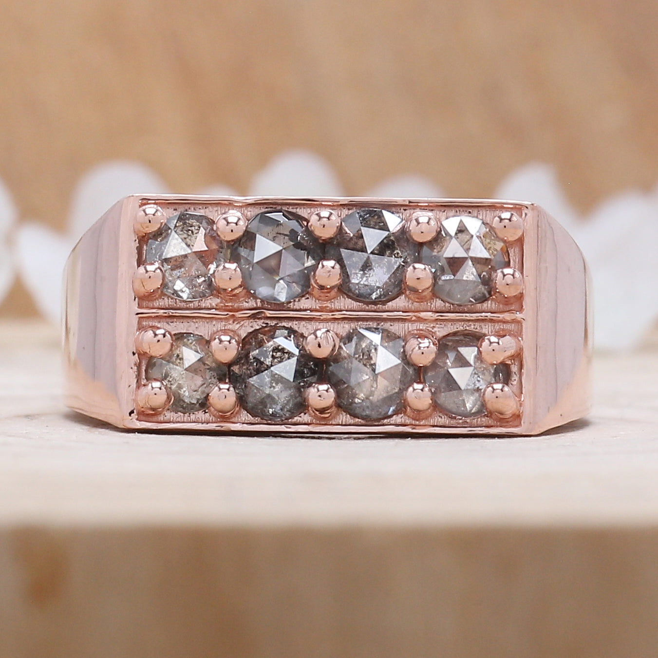 Round Rose Cut Salt And Pepper Diamond Ring 1.34 Ct 3.40 MM Round Diamond Ring 14K Rose Gold Silver Engagement Ring Gift For Her QL1137