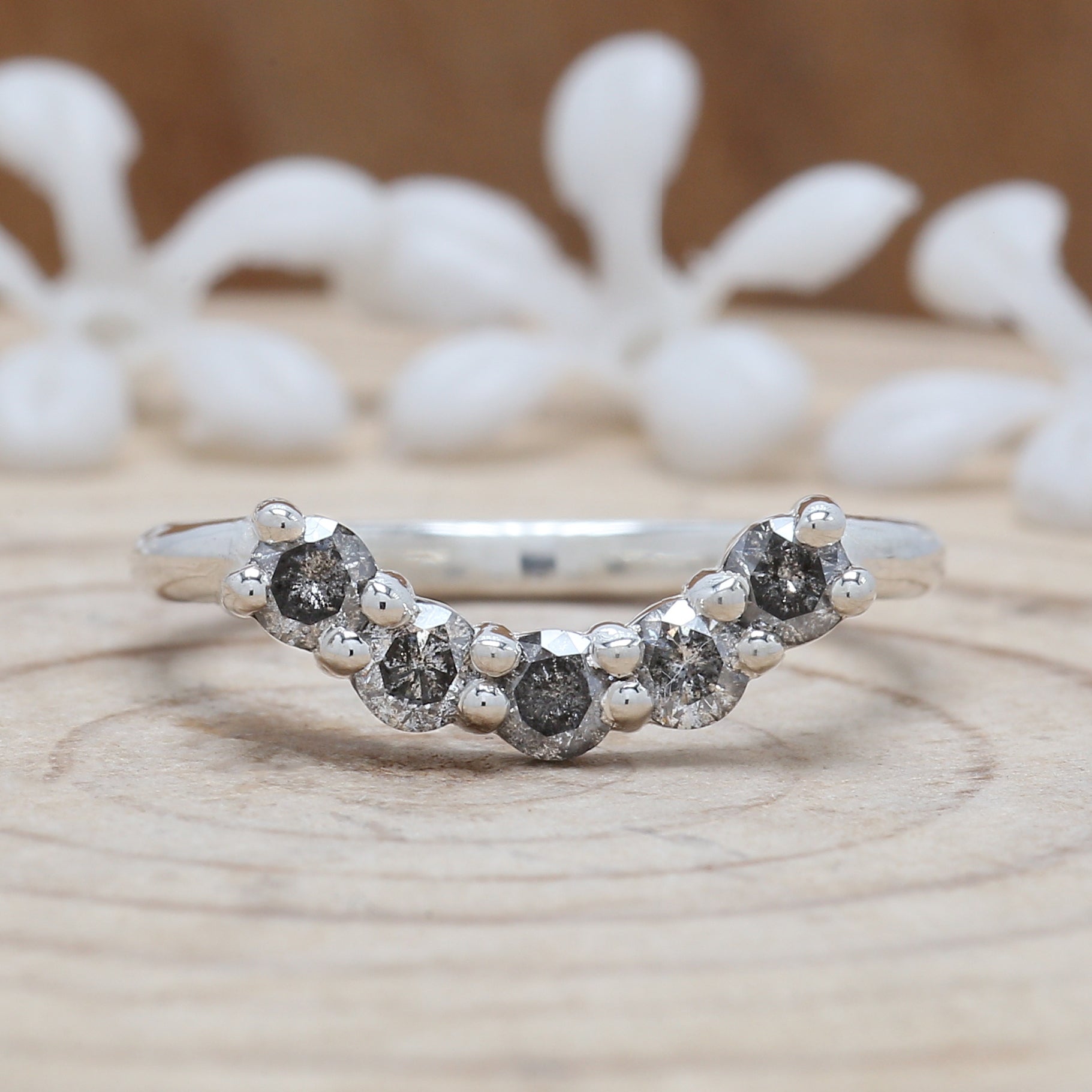 0.60 CT Salt And Pepper Band, Round Brilliant Cut Diamond Band, Engagement Band, 14K White Gold Band, Wedding Band, Gift For Her KD929