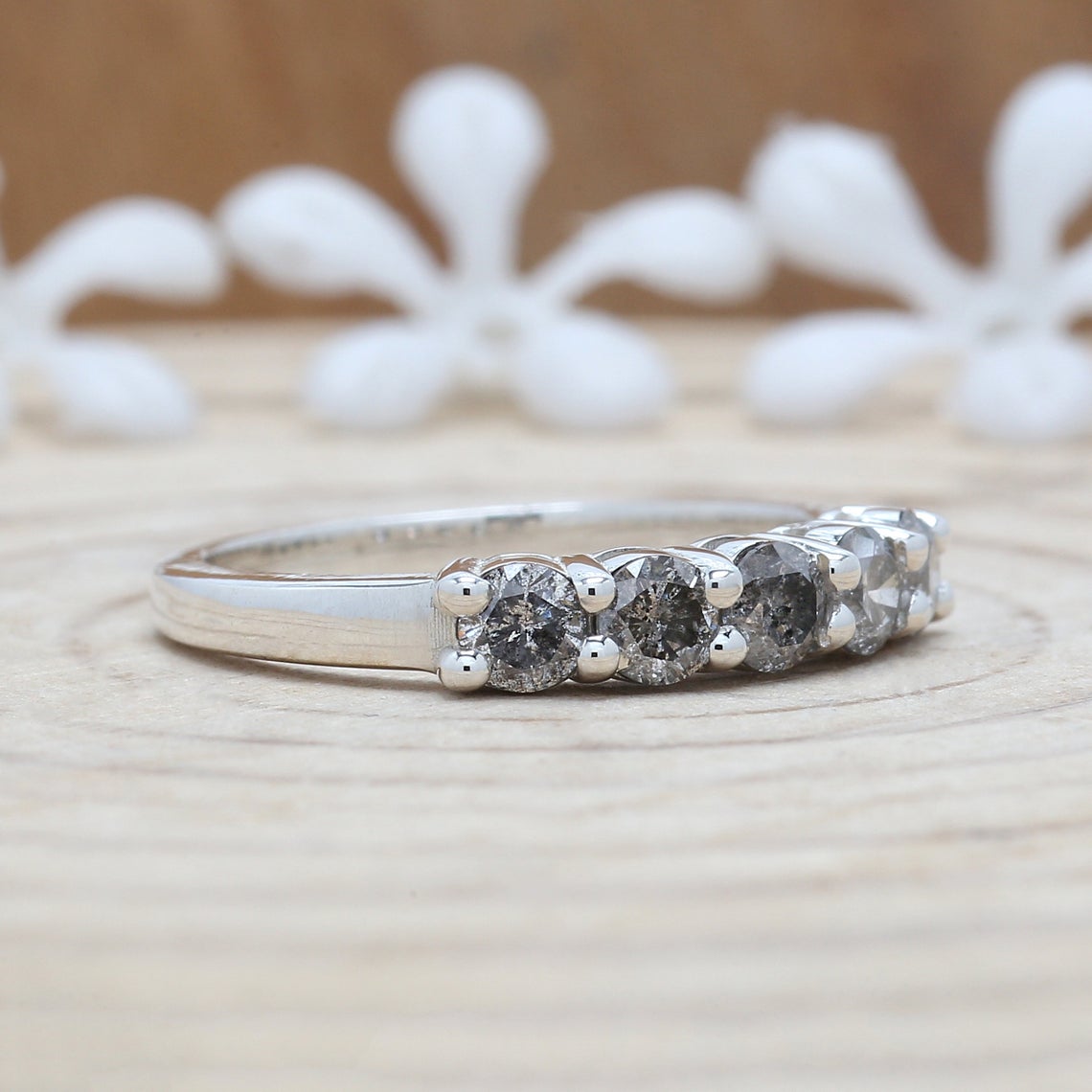 0.76 CT Salt And Pepper Band, Round Brilliant Cut Diamond Band, Engagement Band, 14K White Gold Band, Wedding Band, Gift For Her KD928