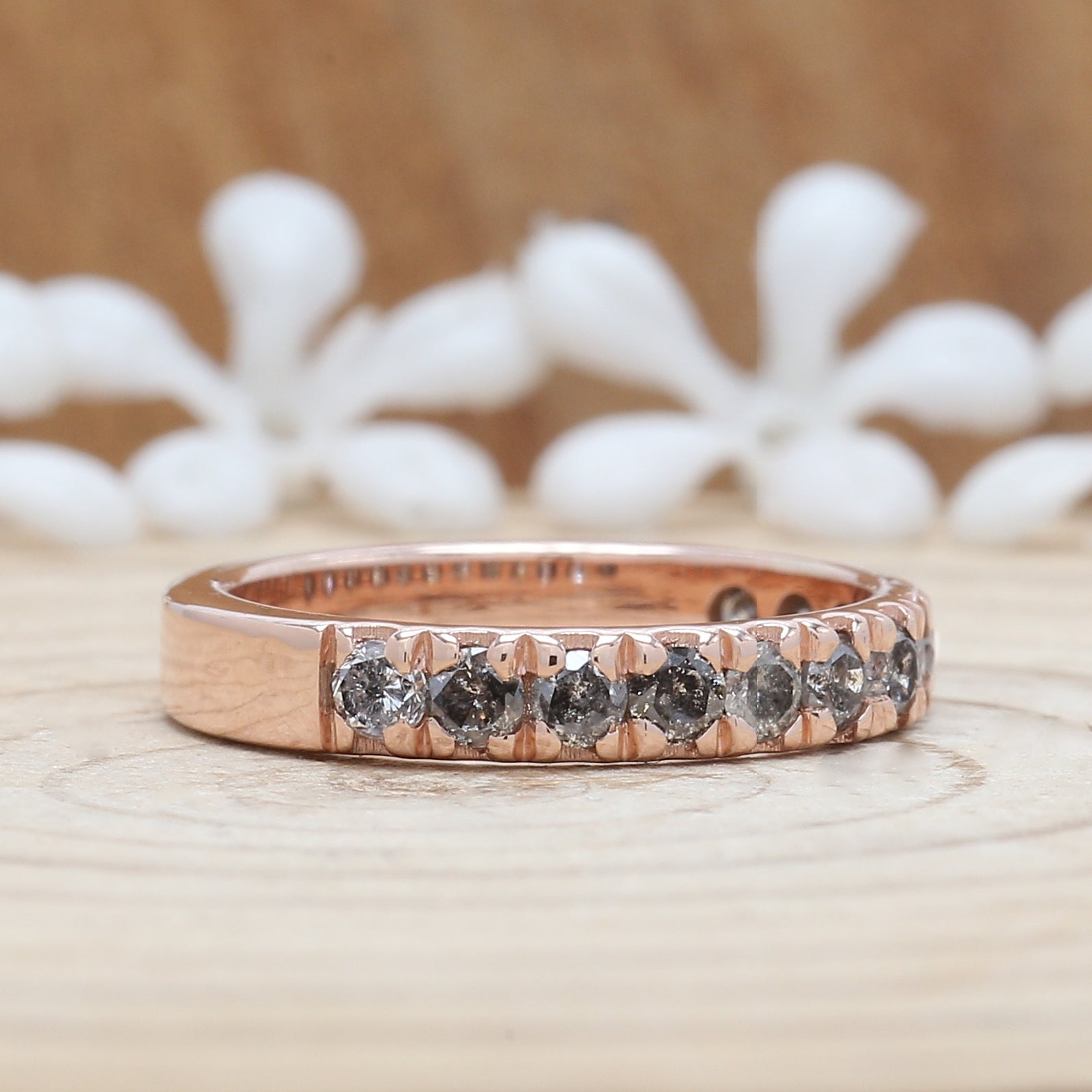 0.83 CT Salt And Pepper Band, Round Brilliant Cut Diamond Band, Engagement Band, 14K Rose Gold Band, Wedding Band, Gift For Her KD930