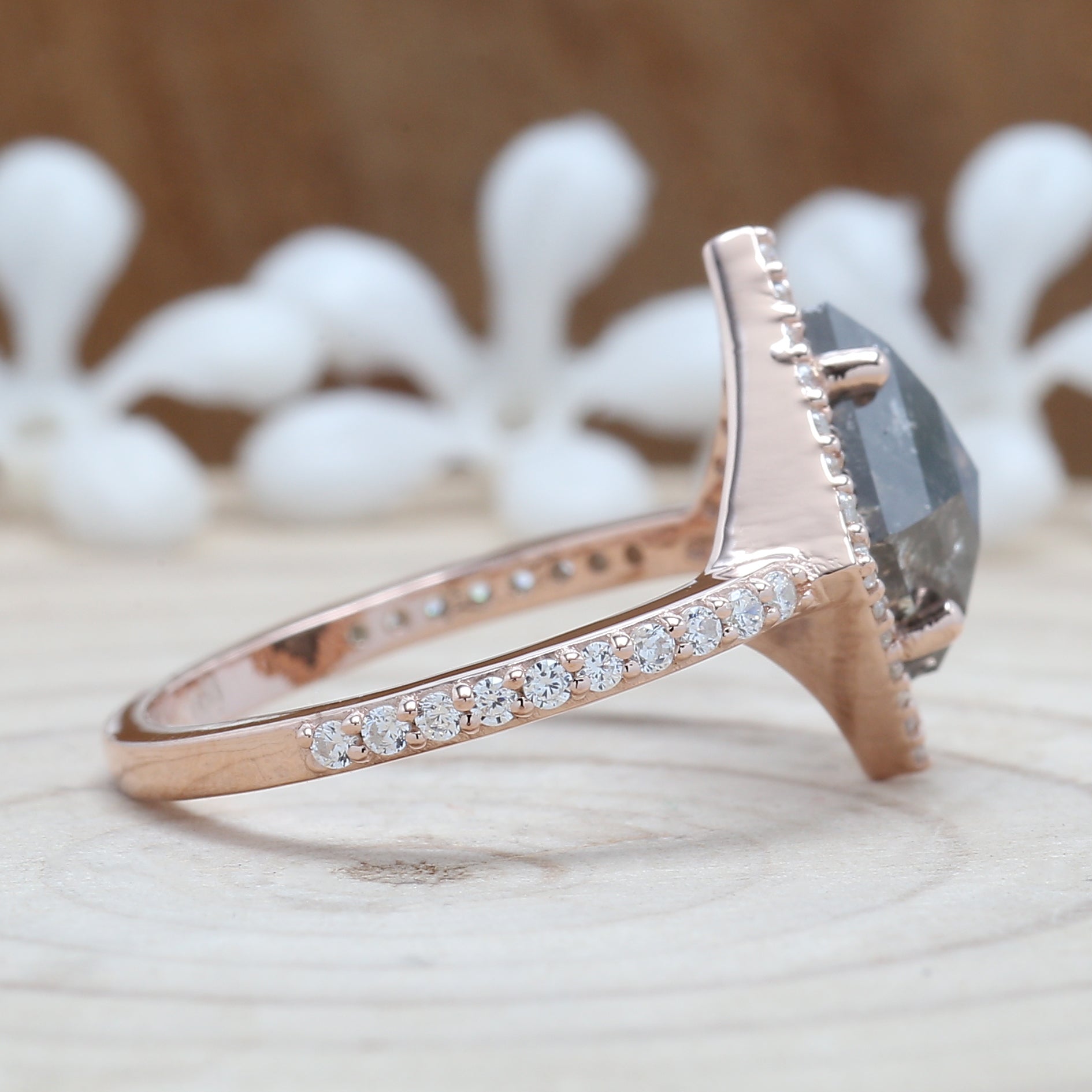 Salt And Pepper Kite Diamond 14K Solid Rose White Yellow Gold Ring Engagement Wedding Gift Ring KDL8799