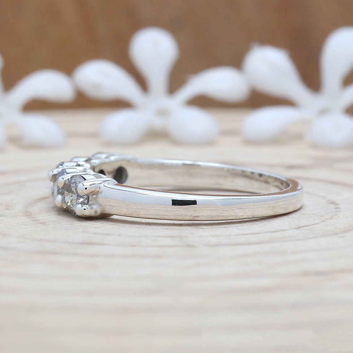 0.76 CT Salt And Pepper Band, Round Brilliant Cut Diamond Band, Engagement Band, 14K White Gold Band, Wedding Band, Gift For Her KD928