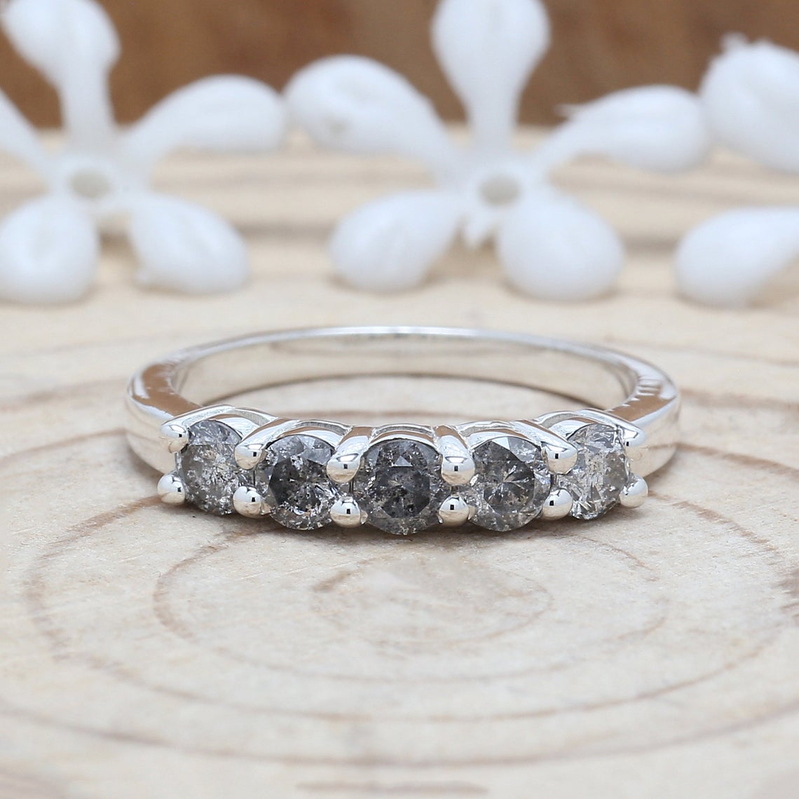 0.76 CT Salt And Pepper Band, Round Brilliant Cut Diamond Band, Engagement Band, 14K White Gold Band, Wedding Band, Gift For Her KD928
