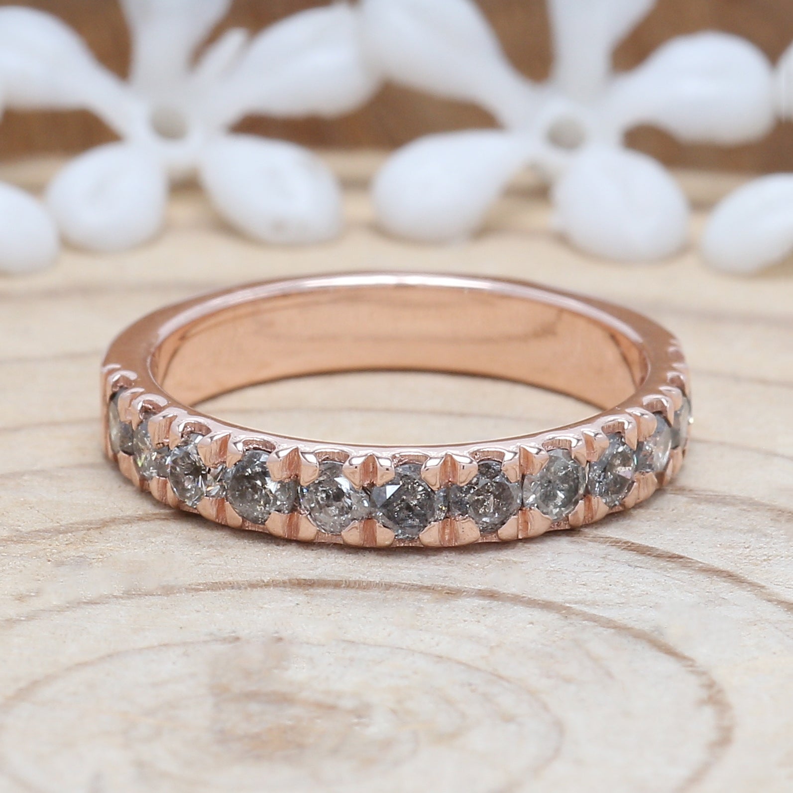 0.83 CT Salt And Pepper Band, Round Brilliant Cut Diamond Band, Engagement Band, 14K Rose Gold Band, Wedding Band, Gift For Her KD930