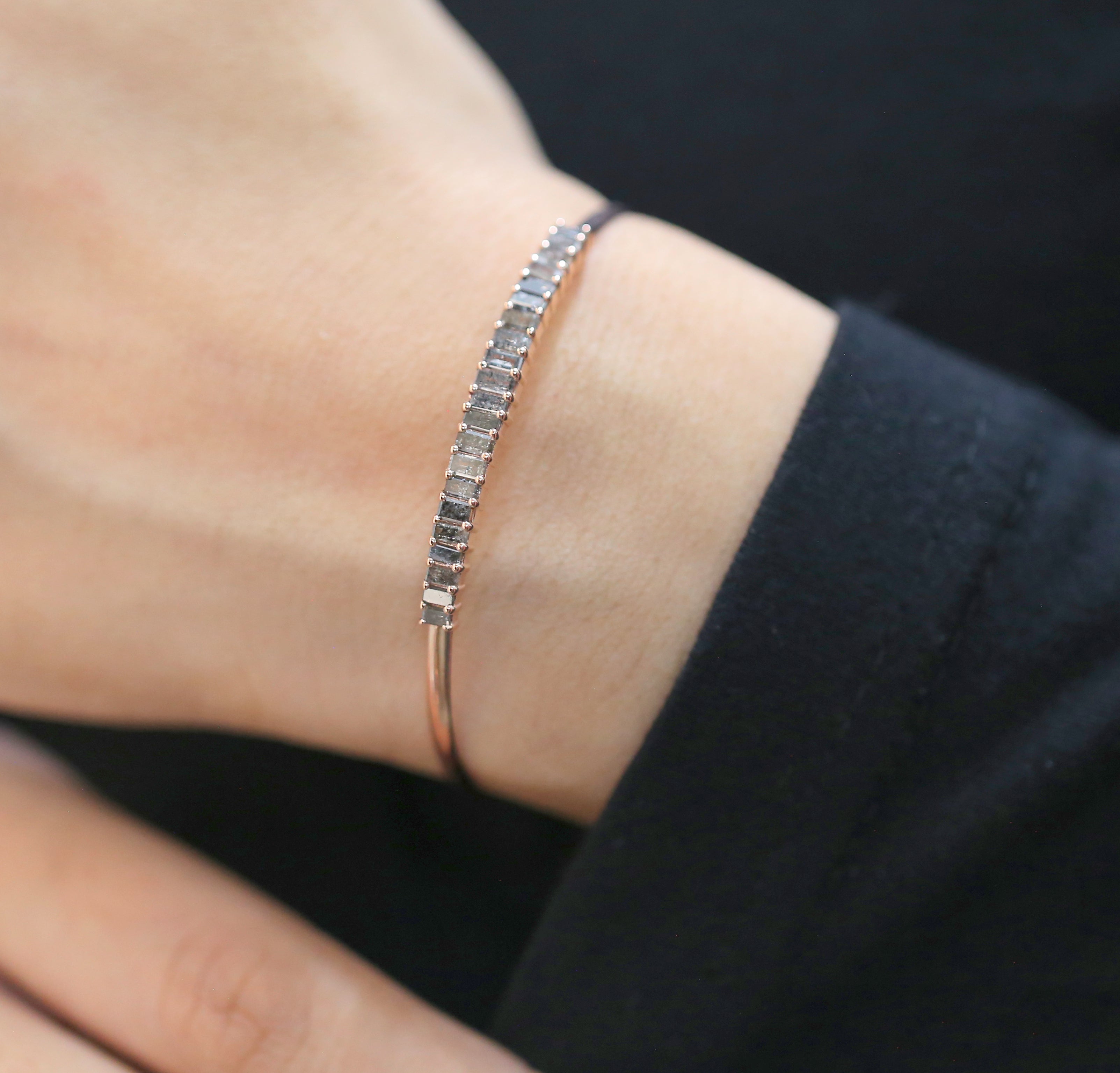 Baguette Salt And Pepper Diamond Bracelet Engagement Wedding Gift Bracelet 14K Solid Rose White Yellow Gold Bracelet 1.28 CT KD1221