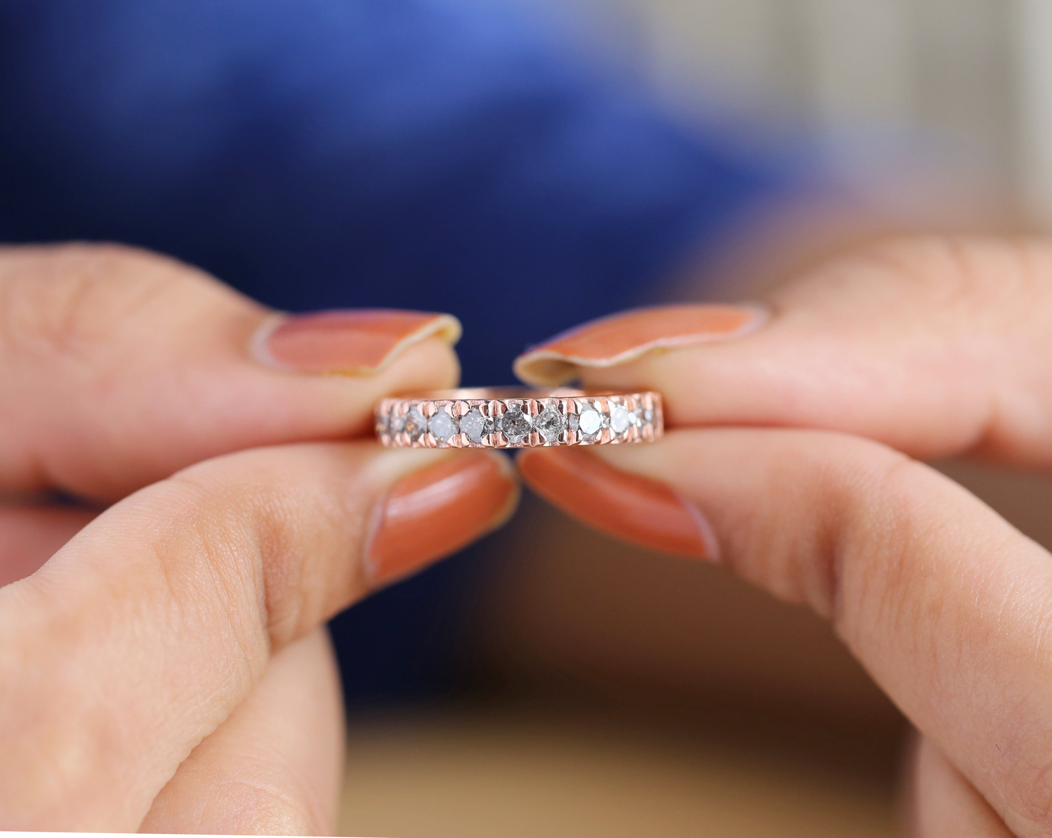 0.83 CT Salt And Pepper Band, Round Brilliant Cut Diamond Band, Engagement Band, 14K Rose Gold Band, Wedding Band, Gift For Her KD930