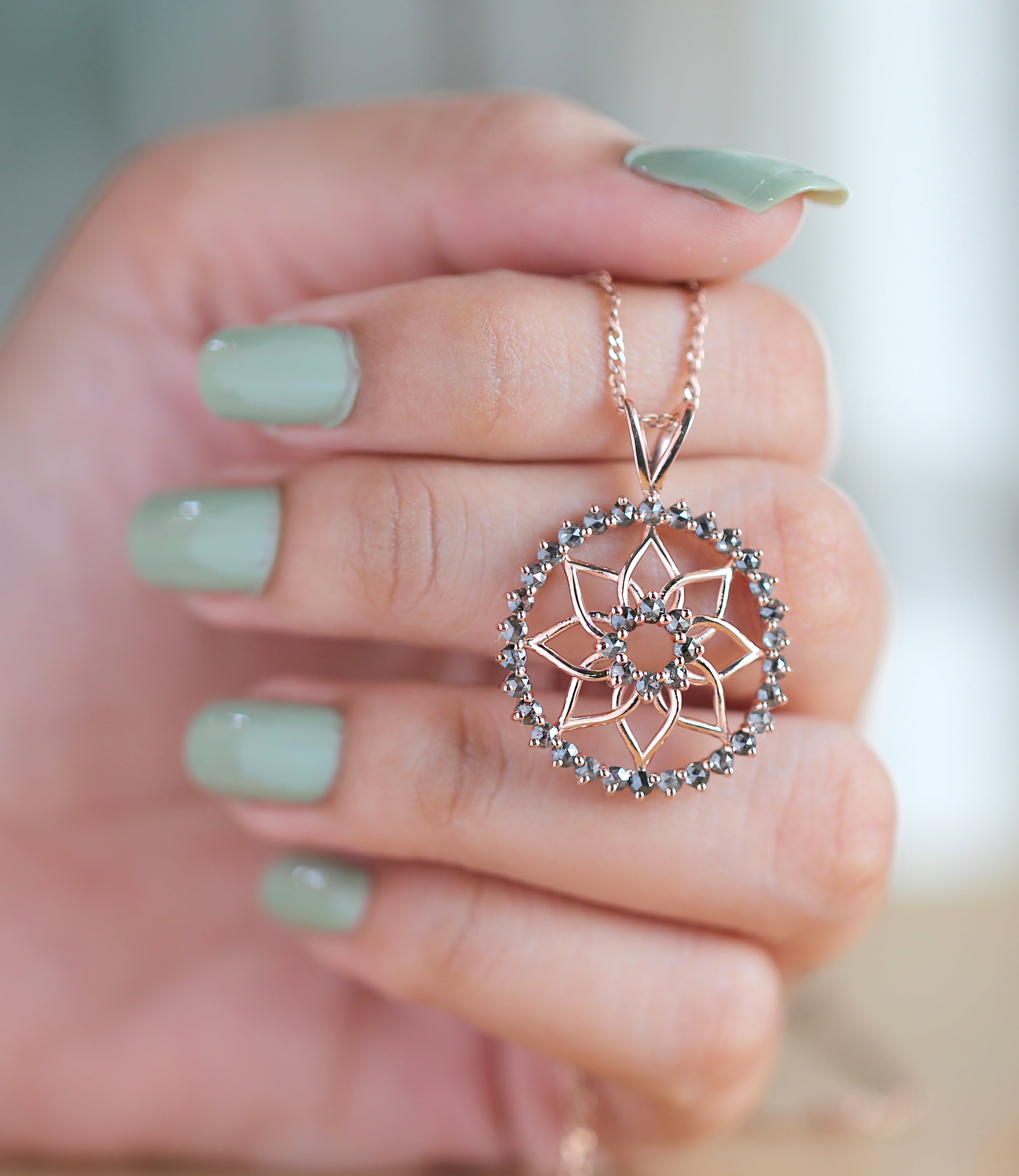 1.45 CT Salt And Pepper Diamond Pendant, Round Rose Cut Diamond Pendant, 14K Rose Gold Pendant, Necklace Pendant, Gift For Her KDK1951