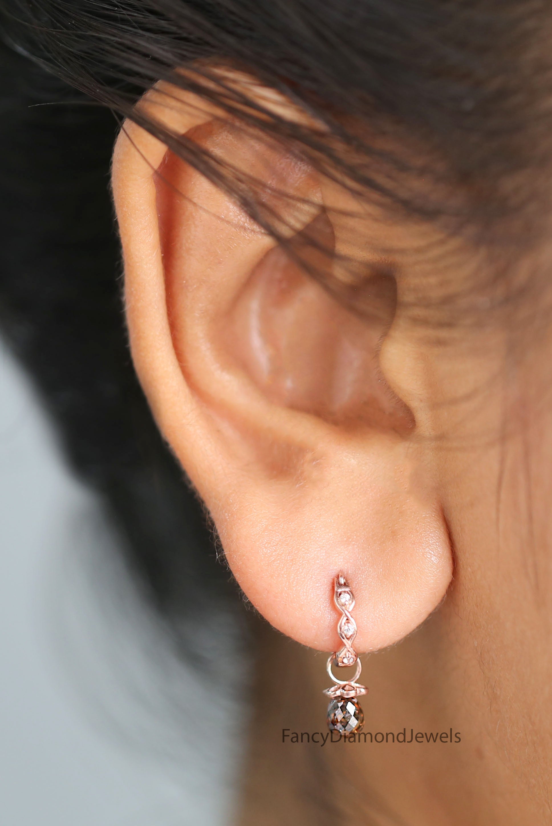 Drop Cut Brown Color Diamond Earring 1.34 Ct 5.15 MM Drop Diamond Earring 14K Solid Rose Gold Silver Engagement Earring Gift For Her KDN840
