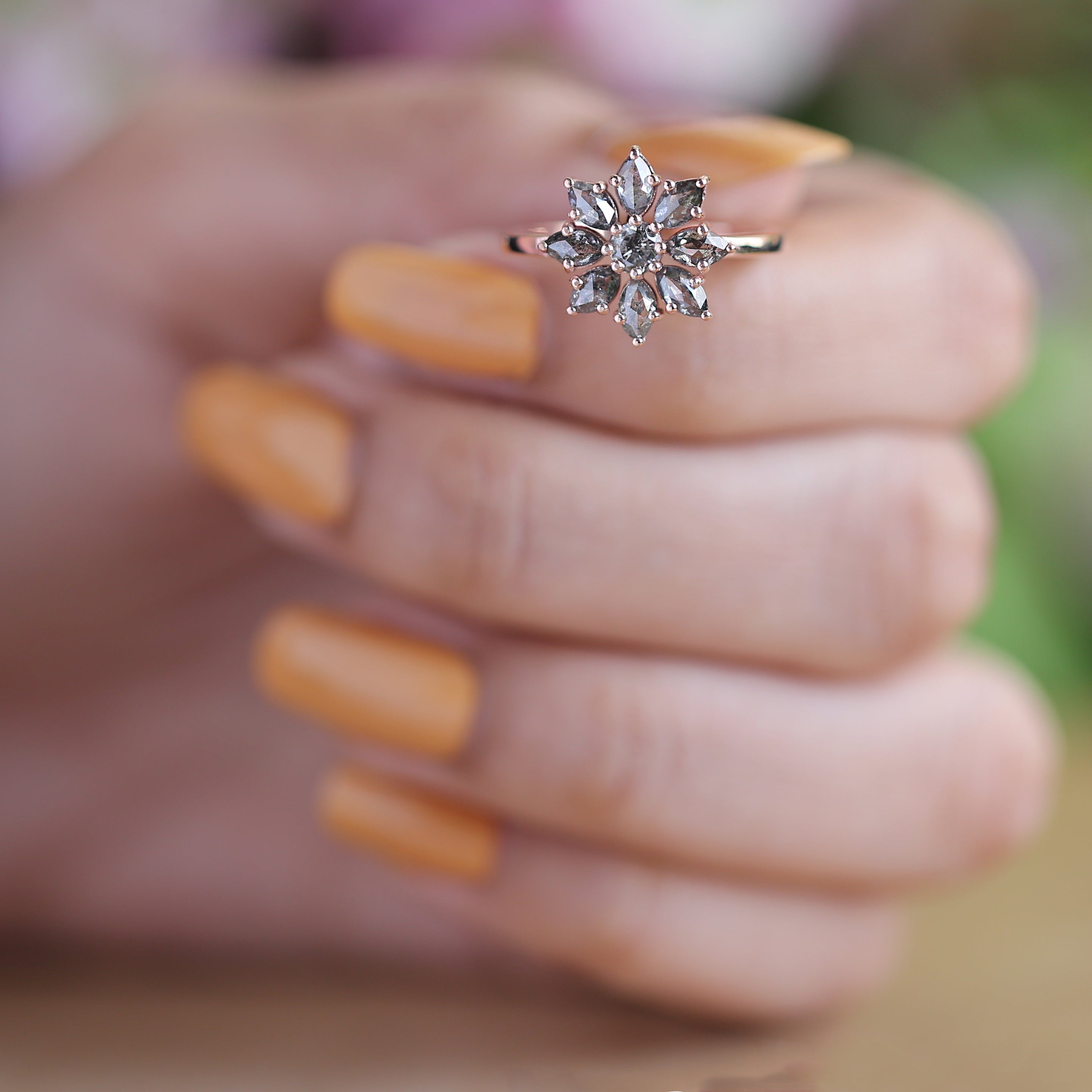 Marquise Cut Salt And Pepper Diamond Ring 0.93 Ct 4.65 MM Marquise Diamond Ring 14K Rose Gold Silver Engagement Ring Gift For Her QL1312