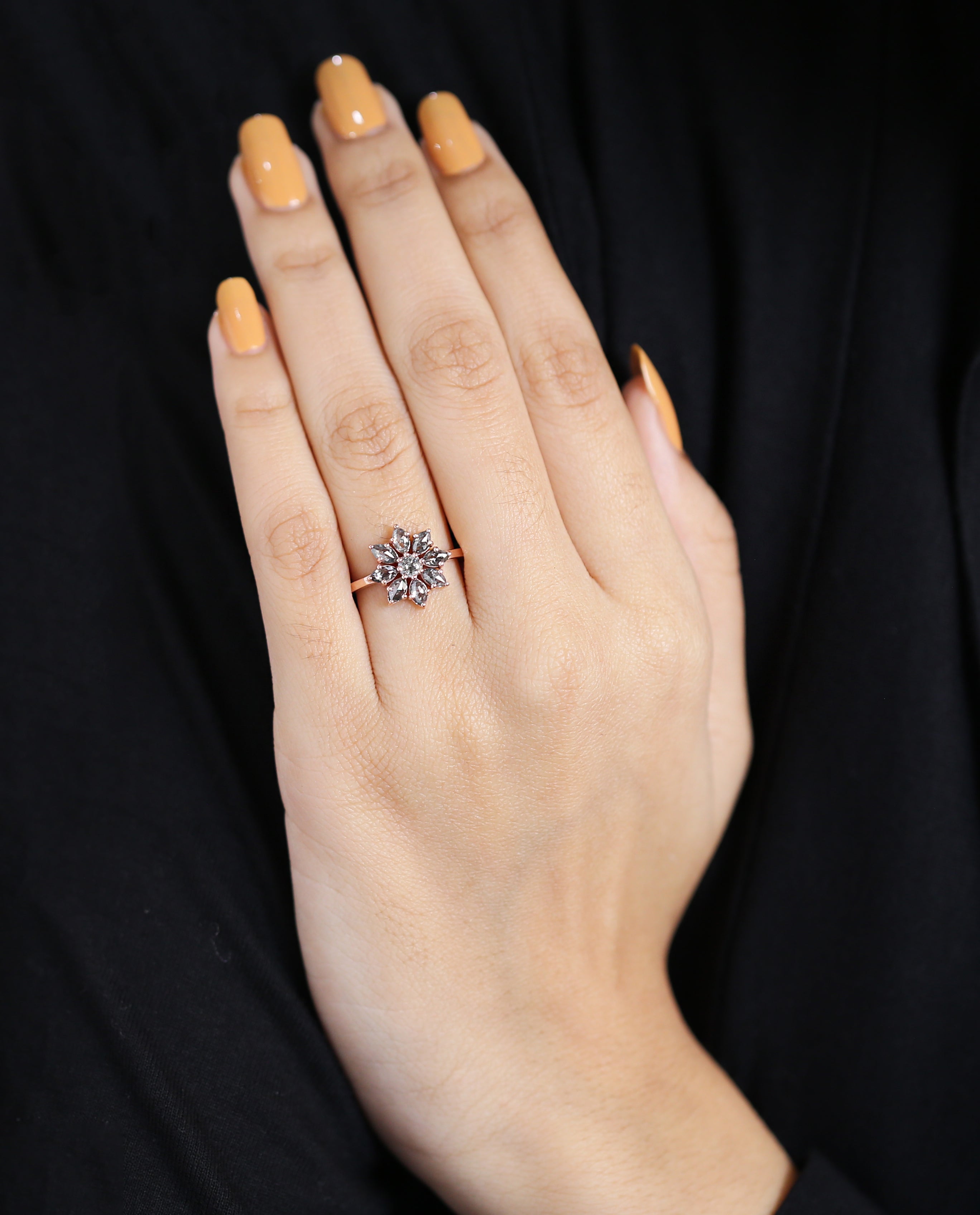 Marquise Cut Salt And Pepper Diamond Ring 0.93 Ct 4.65 MM Marquise Diamond Ring 14K Rose Gold Silver Engagement Ring Gift For Her QL1312
