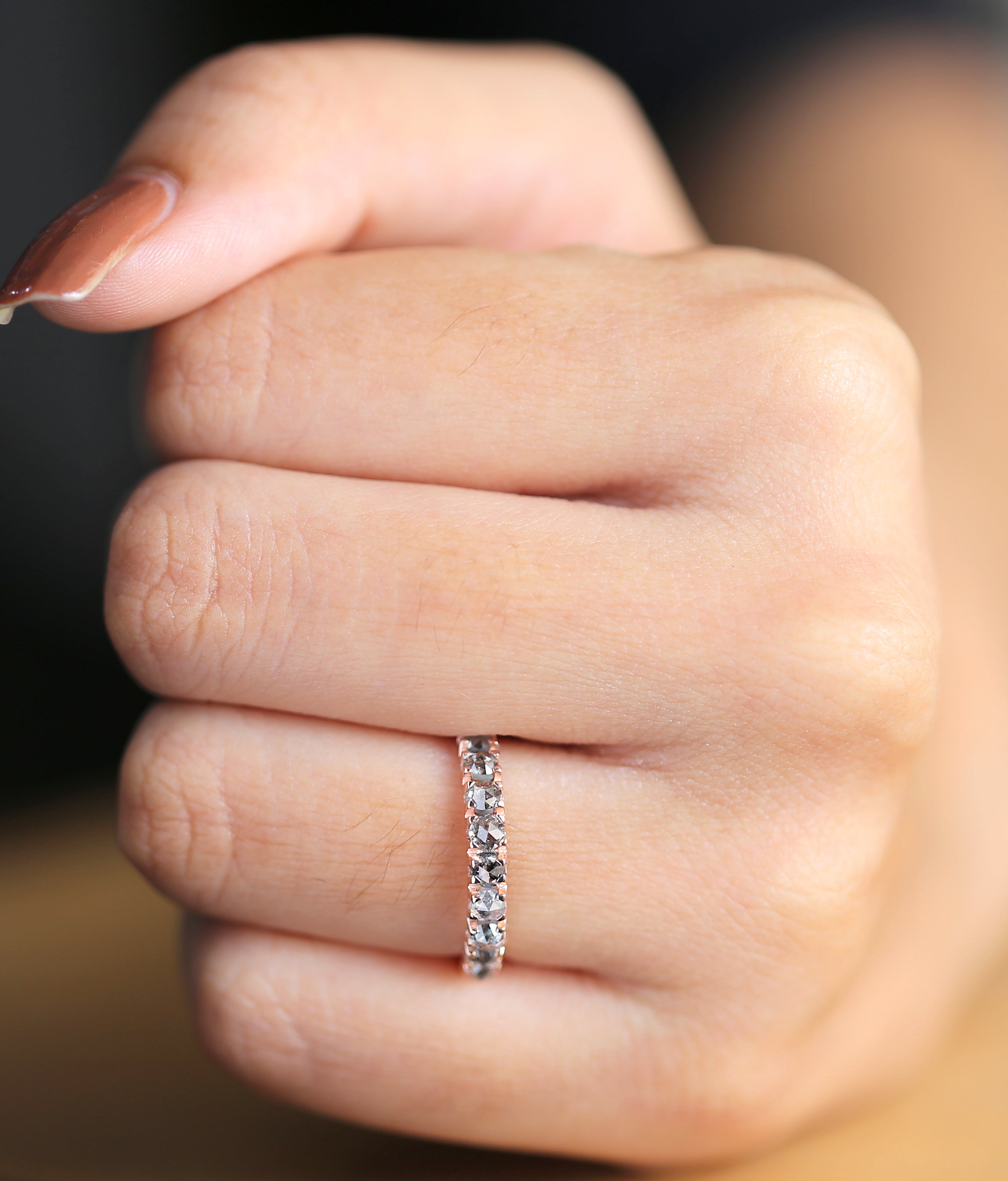 1.25 CT Salt And Pepper Band, Round Rose Cut Diamond Band, Engagement Band, 14K Rose Gold Band, Wedding Band, Gift For Her KD923