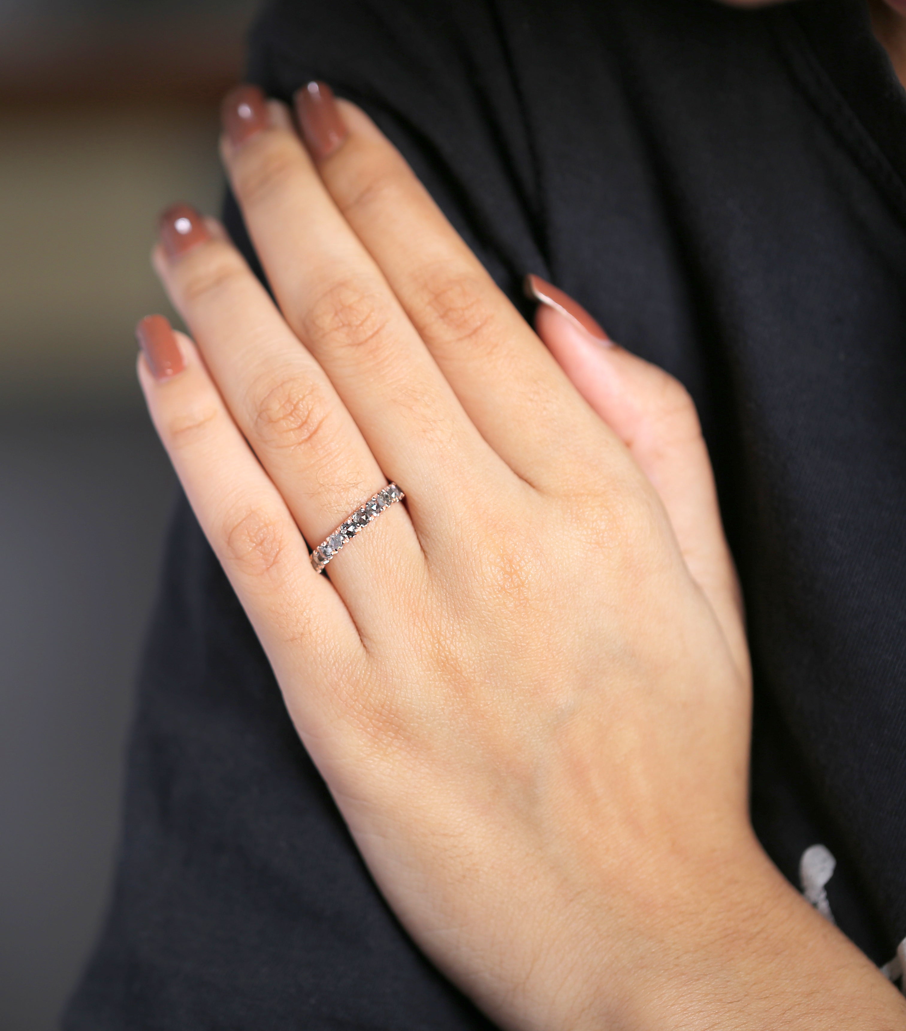 1.25 CT Salt And Pepper Band, Round Rose Cut Diamond Band, Engagement Band, 14K Rose Gold Band, Wedding Band, Gift For Her KD923