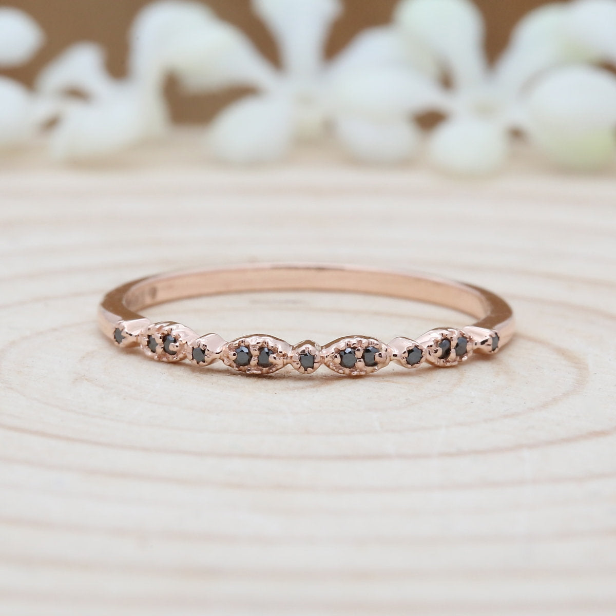 14k Solid Gold 1.30 MM  0.07 CT Black Color  Diamond Wedding Band Minimalist stacking dainty matching anniversary Ring Gift For Her KD077
