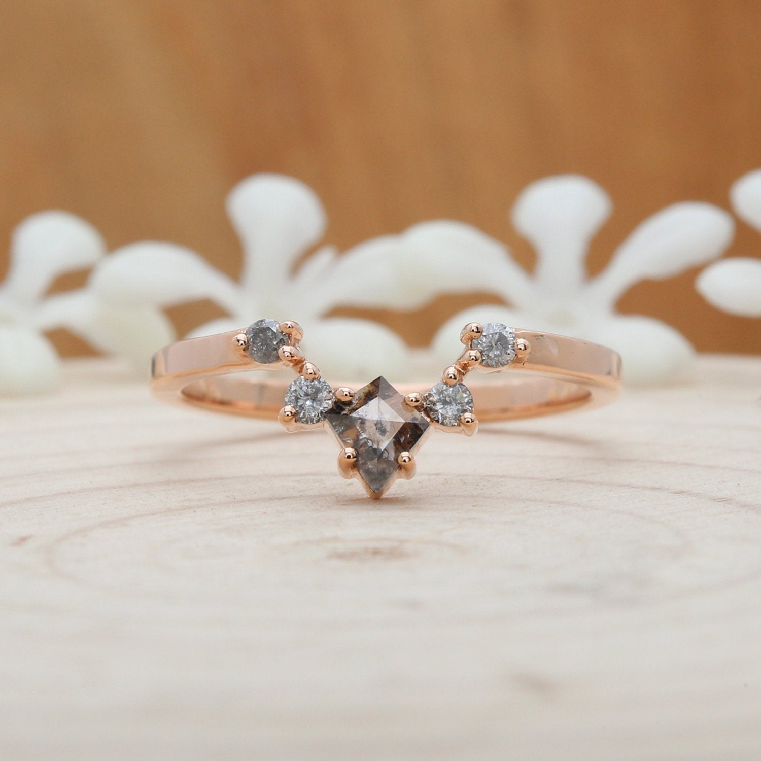 Salt And Pepper Kite Diamond 14K Rose Gold Ring Band Engagement Wedding Gift Band KD316