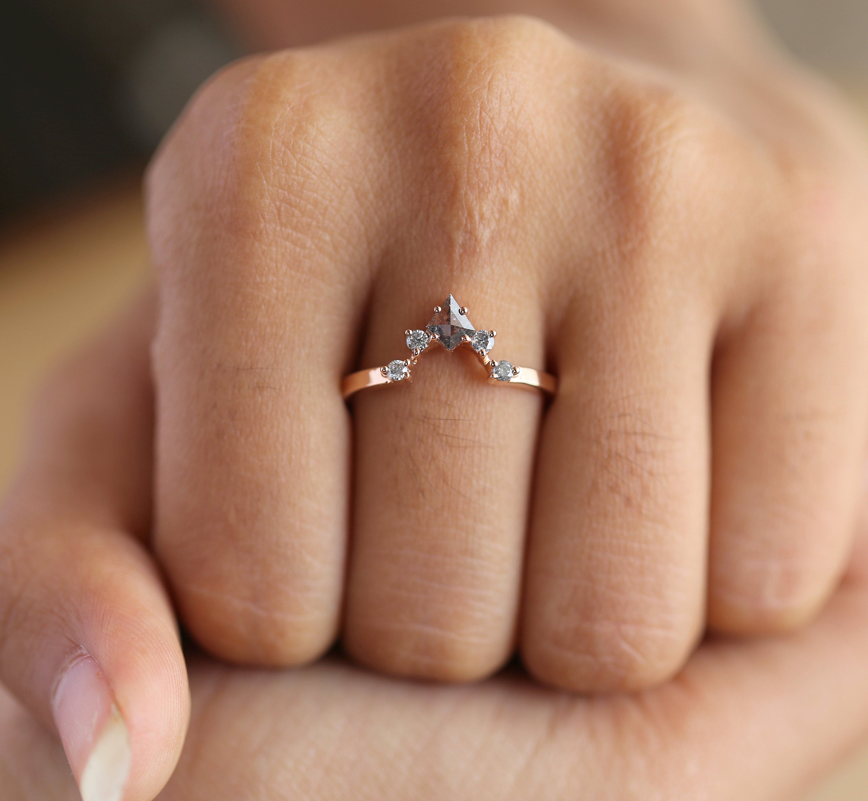 Salt And Pepper Kite Diamond 14K Rose Gold Ring Band Engagement Wedding Gift Band KD316