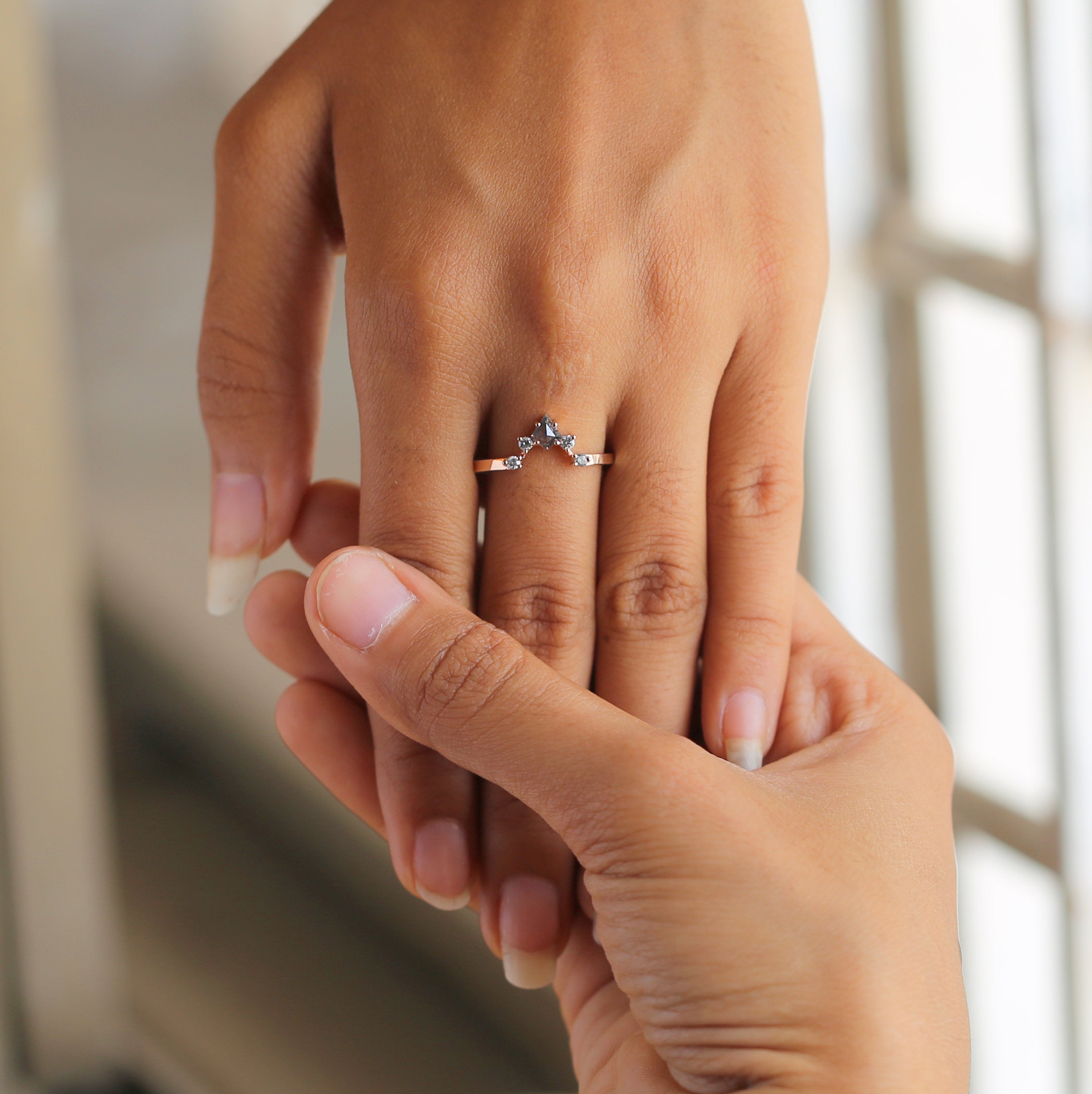 Salt And Pepper Kite Diamond 14K Rose Gold Ring Band Engagement Wedding Gift Band KD316
