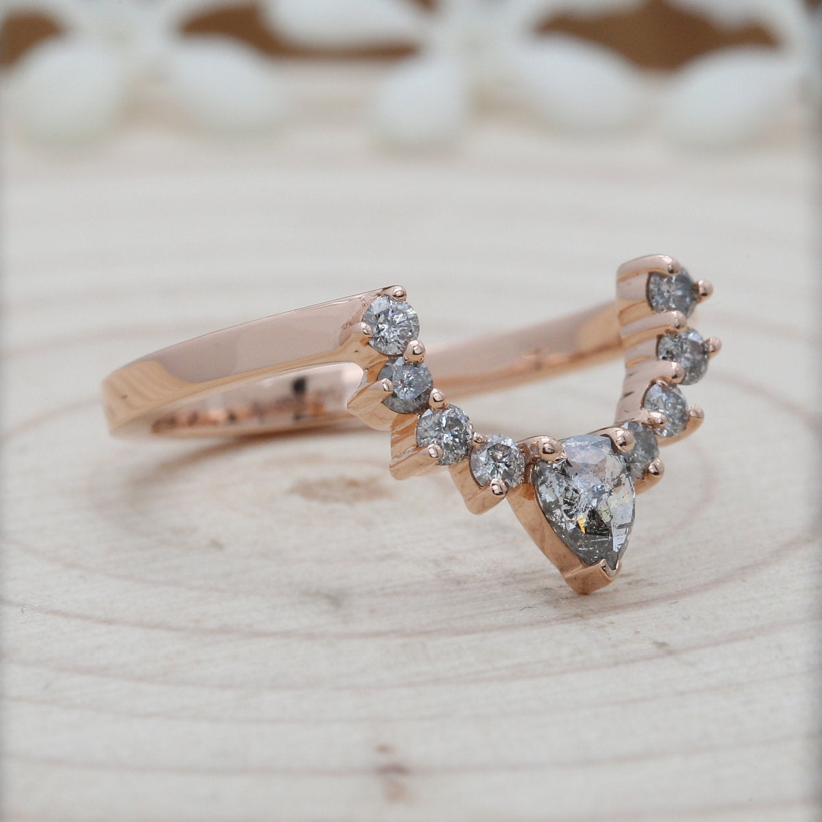 14K Rose Gold Band Salt And Pepper Pear Diamond Ring Engagement Wedding Gift Ring KD259