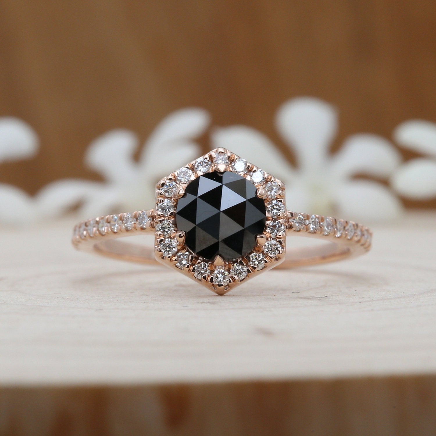 Black Round Rose Cut Diamond 14K Solid Gold Ring Engagement Wedding Gift Ring KD309
