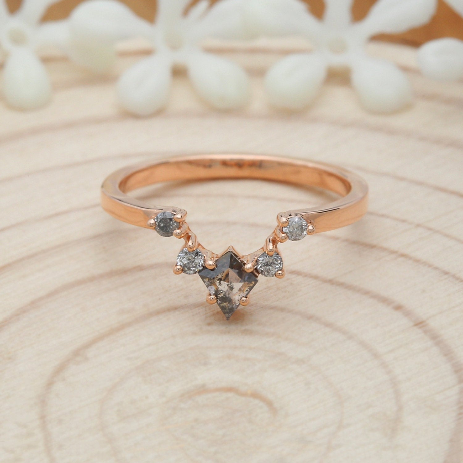 Salt And Pepper Kite Diamond 14K Rose Gold Ring Band Engagement Wedding Gift Band KD316