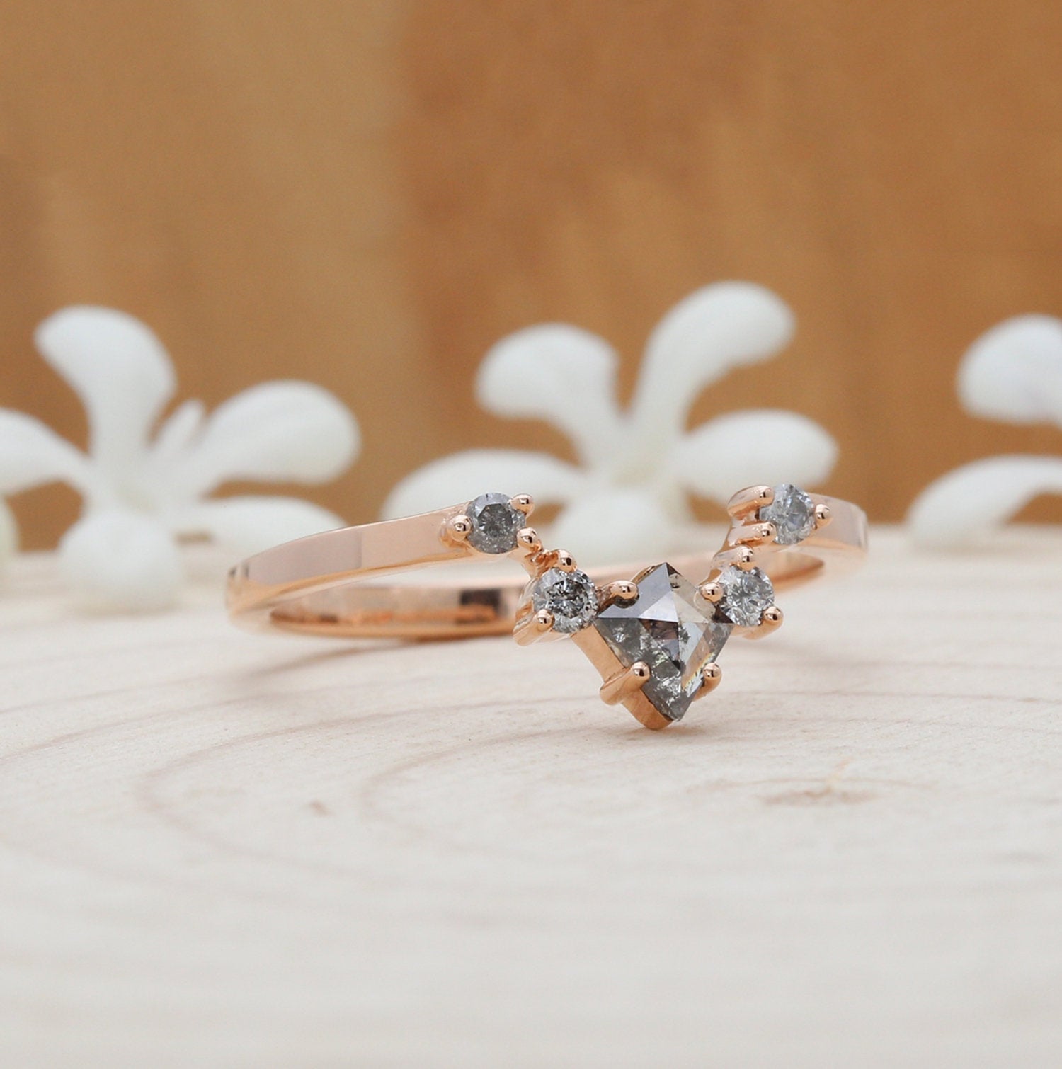 Salt And Pepper Kite Diamond 14K Rose Gold Ring Band Engagement Wedding Gift Band KD316