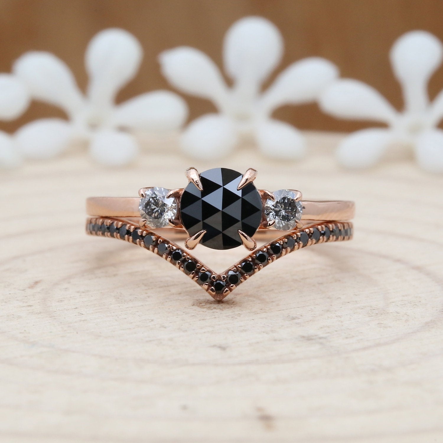 14K Gold 1.30 CTW Vintage Natural Black Diamond Engagement Ring Black Round Twisted Band Wedding Ring Set Bridal Set Gift For Her KD238