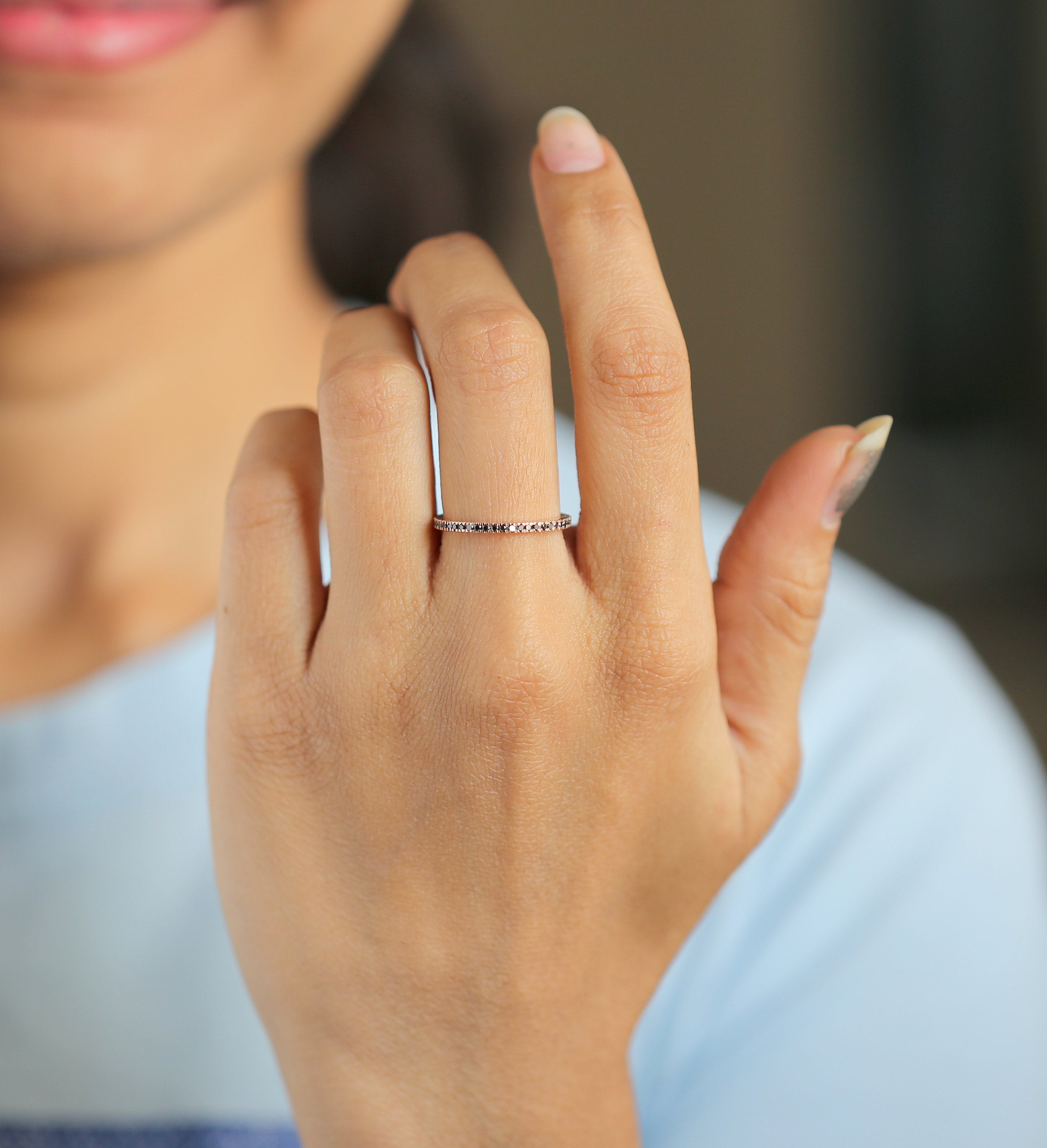 14K Rose Gold Band Natural Black Round Diamond Ring Engagement Wedding Bridal Gift Ring KD078
