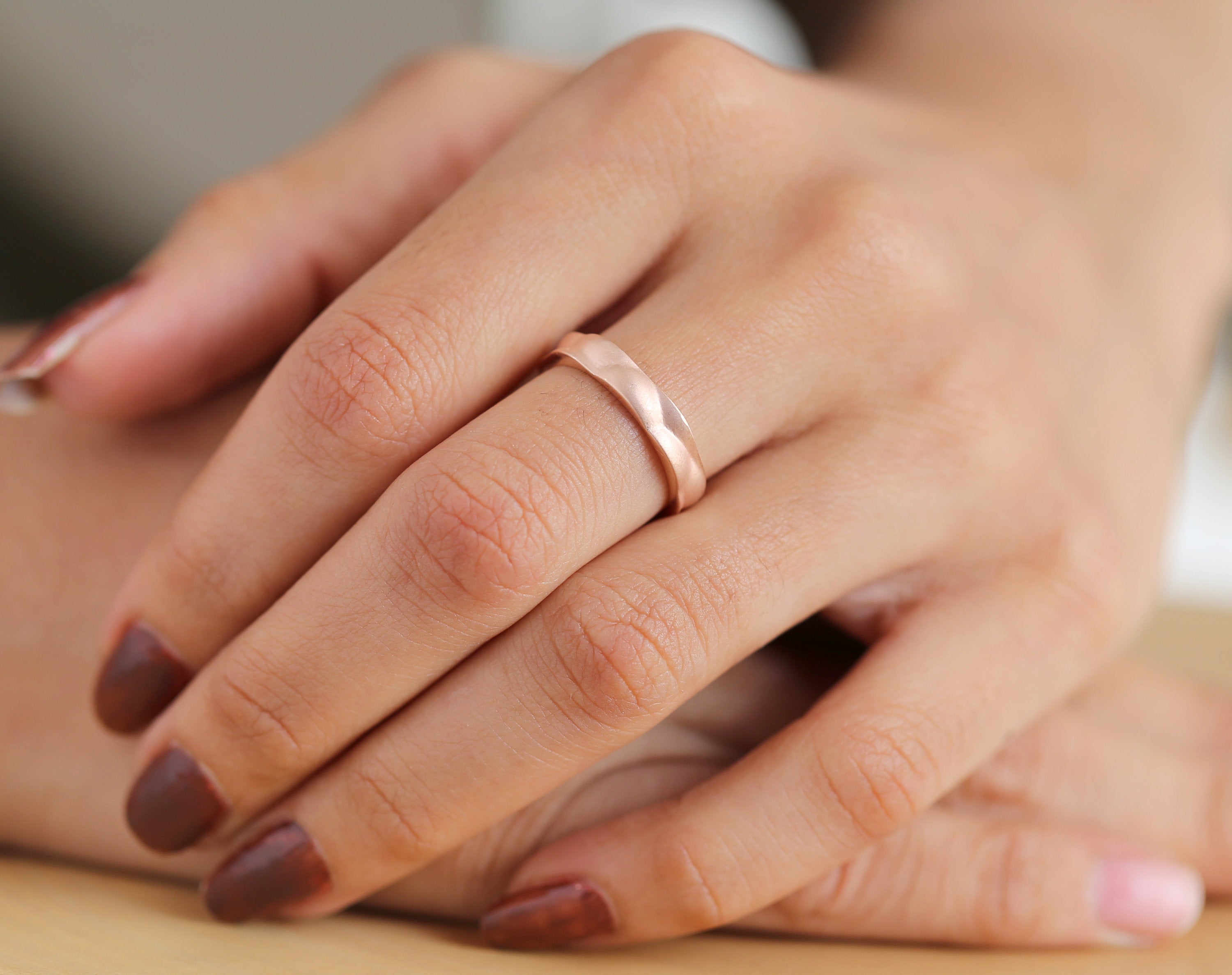 Couple Wedding Hammer Band Ring 14K Rose White Yellow Solid Matte Gold Ring Engagement Gift Ring KD781