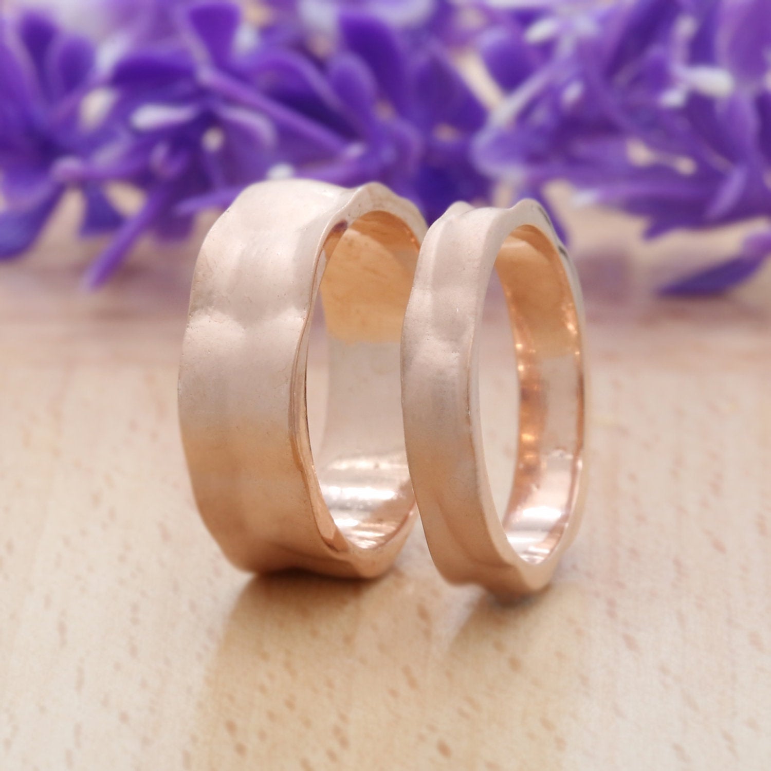 Couple Wedding Hammer Band Ring 14K Rose White Yellow Solid Matte Gold Ring Engagement Gift Ring KD781